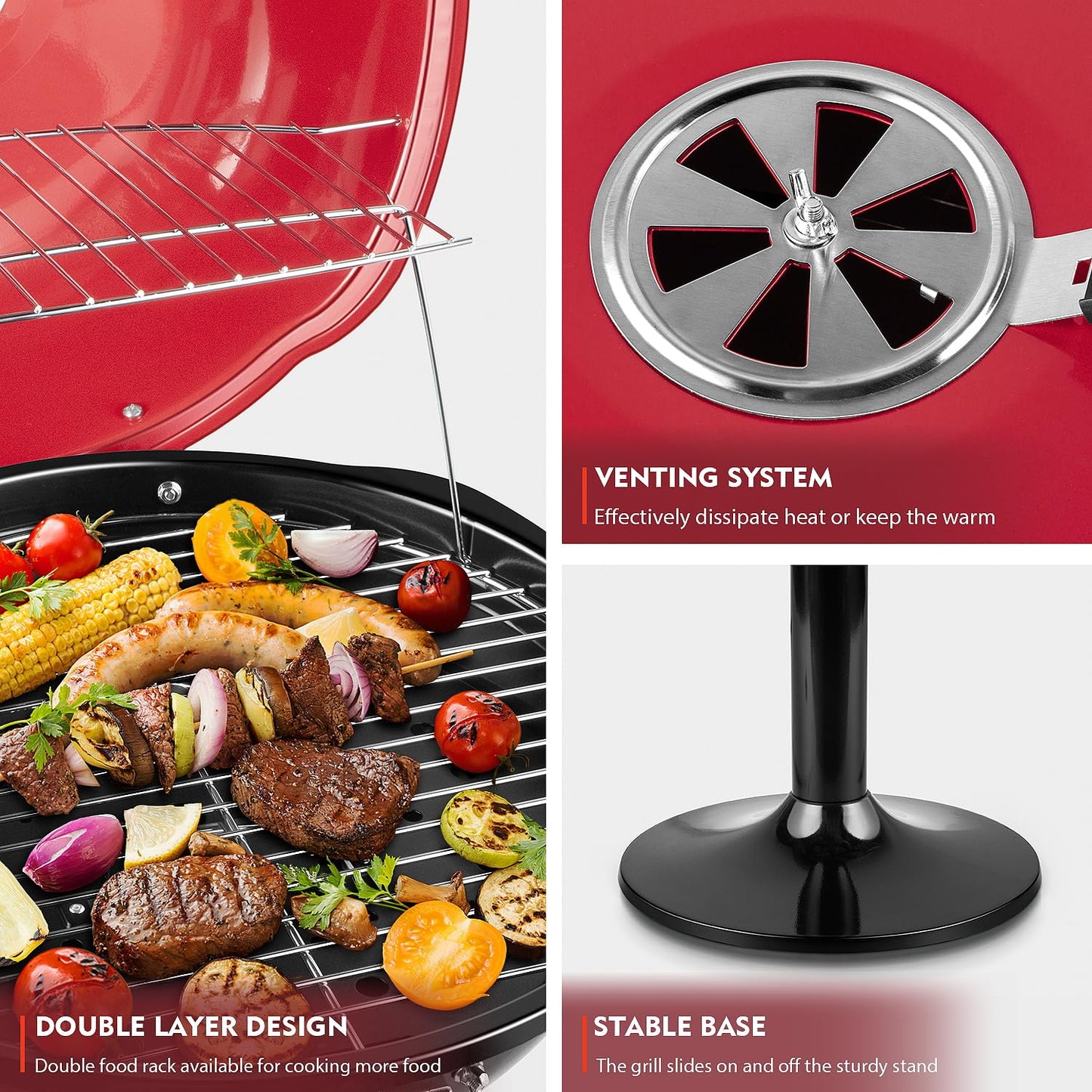 Electric Grill, Techwood Indoor/Outdoor Electric BBQ Grill, 1600W Portable Removable Stand Grill with Adjustable Heat & Drip Tray, Double Layer Design for Party, Patio & Backyard (Red)