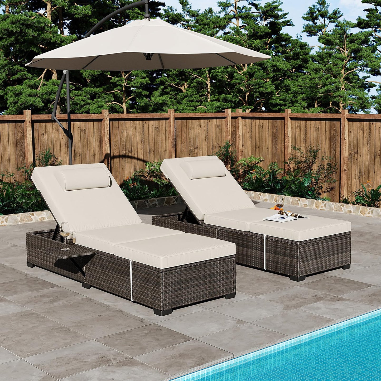 Pool Lounge Chairs Outdoor Set of 2, PE Wicker Rattan Chaise Lounge Chair with 5-Position Adjustable Backrest, 2 Pieces Outdoor Lounge Chair Recliner with Cushions for Patio Beach Deck Backyard, Beige