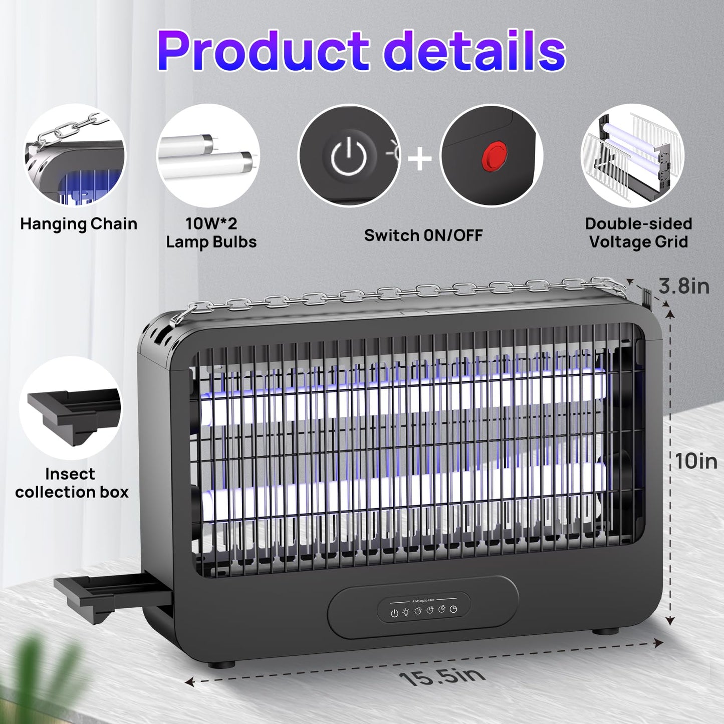 Electric Bug Zapper Indoor, Mosquito Zapper with 2 Extra Replacement Bulbs, Fly, Mosquito Killer and Repellent with Double-Voltage Grid 3500V & Remote, for Patio Yard Home Kitchen