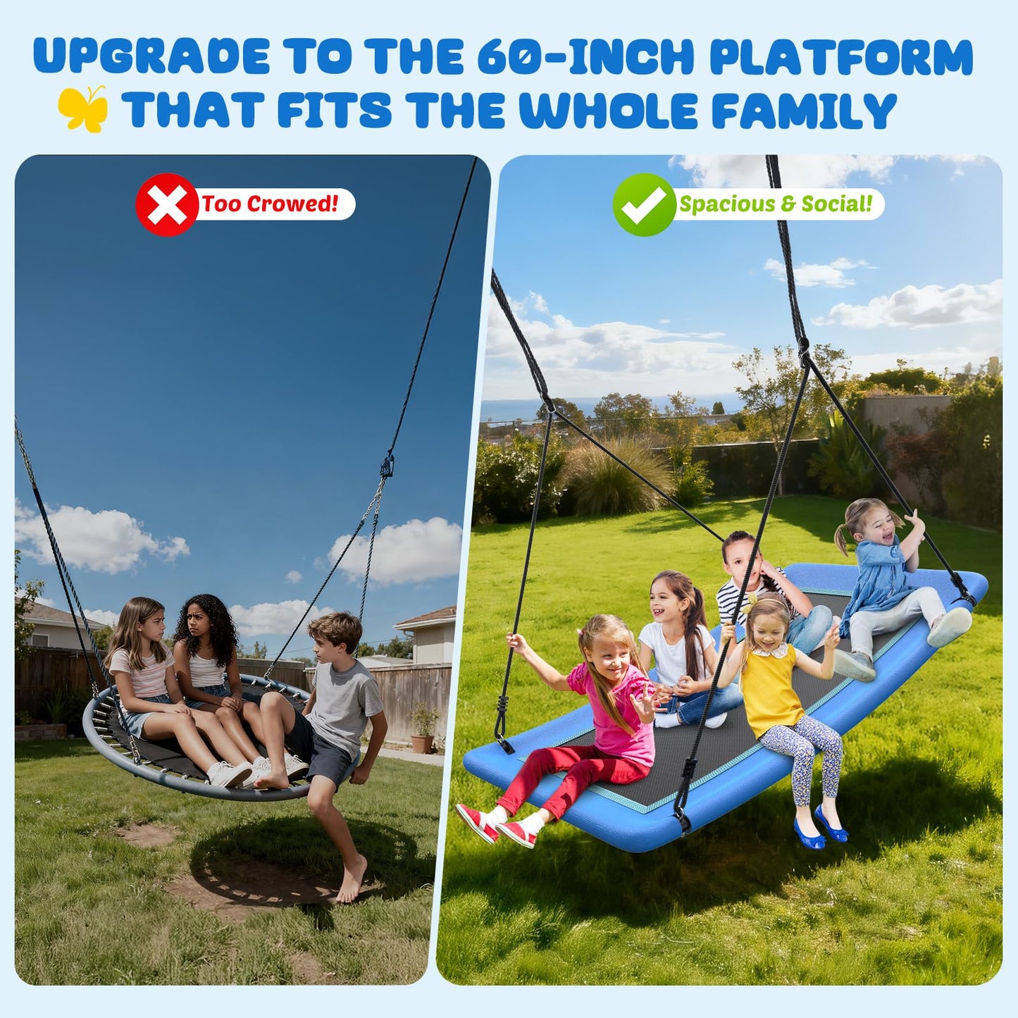 Trekassy 700lb Giant 60" Skycurve Platform Tree Swing for Kids and Adults with 2 Hanging Straps-Blue (Patented)
