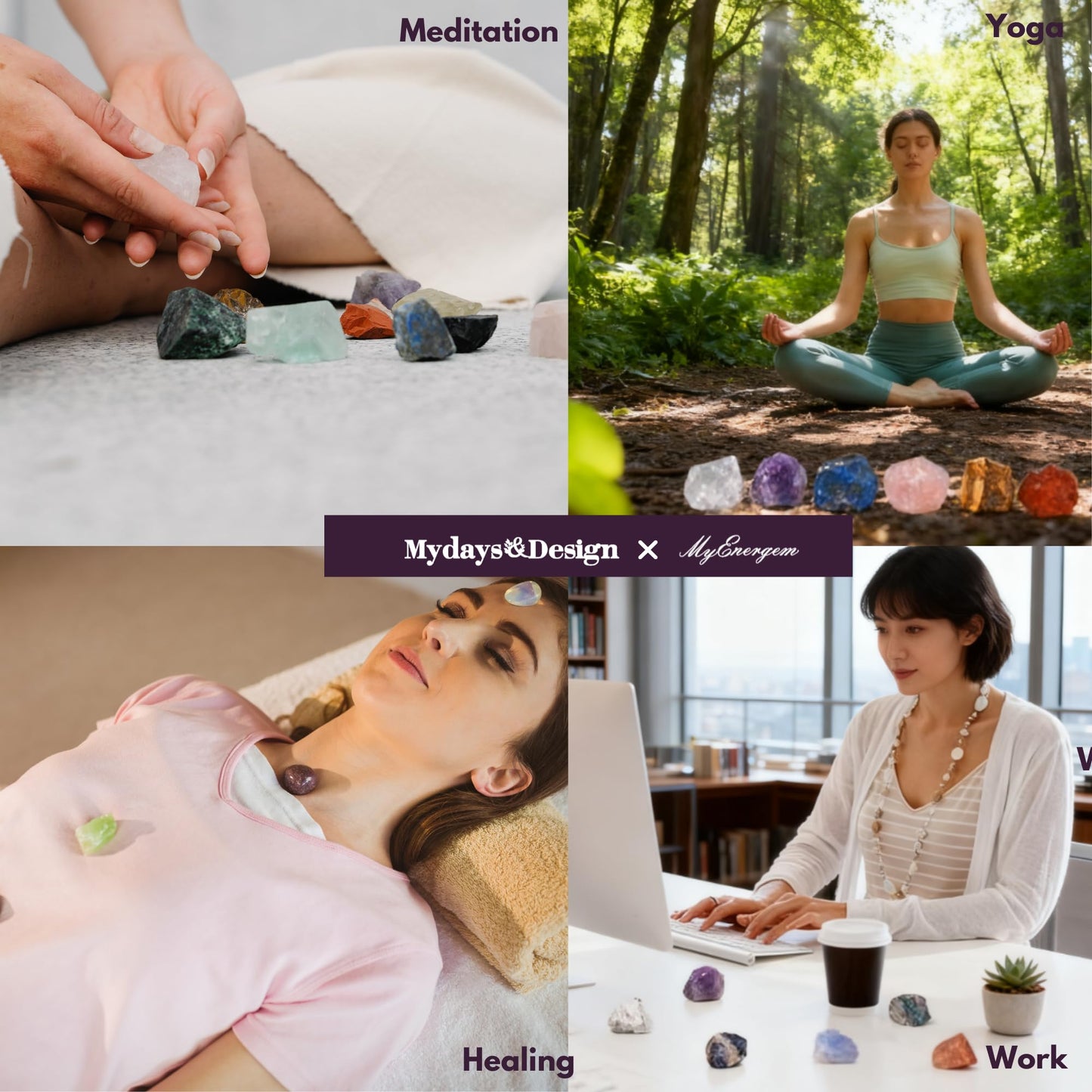 MYDAYS&DESIGN 18Pcs Crystals and Healing Stones Set in Rattan Box, 17 Raw Chakra Stones, 1 Amethyst Tree, Guide for Beginners, Meditation Yoga Home Decor, Healing Crystal Gifts for Women Mom Girl