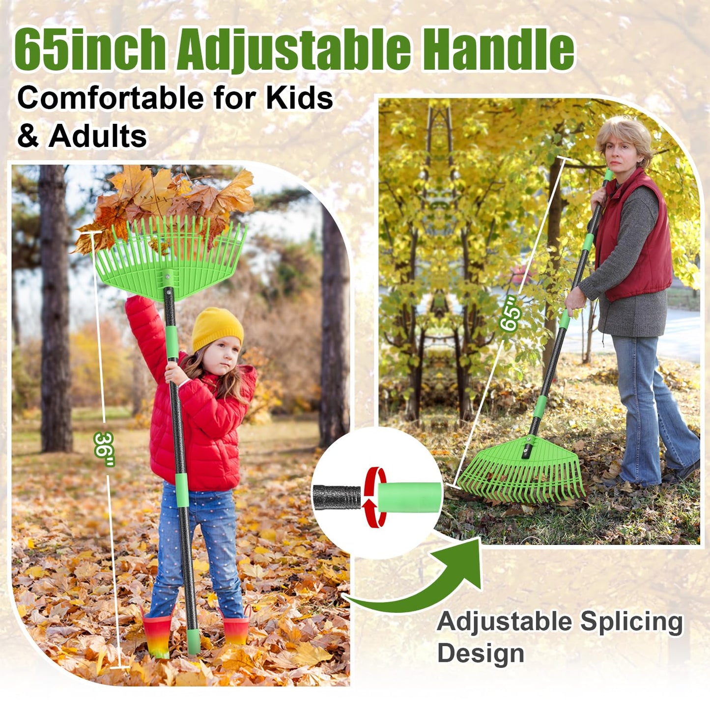 Plastic Leaf Rake with Adjustable 65'' Handle - Lightweight Outdoor Yard Rakes for Leaves,Grass & Pine Needle,Mulch,Gentle On Lawn Garden - Easy to Use for Women,Seniors & Kids