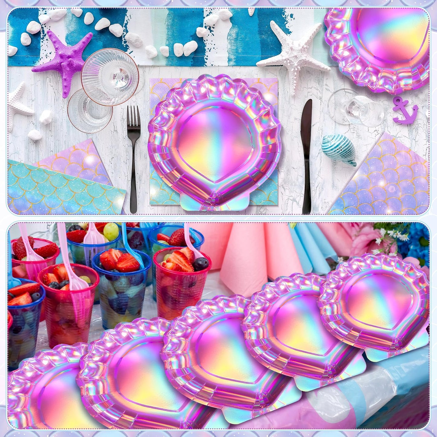 Gersoniel 40 Pcs Iridescent Pink Mermaid Party Supplies Set, 20 Clam Shell Plates and 20 Mermaid Scales Napkins Party Decorations Disposable Paper Plates and Napkins Seashell for Birthday(Shell)