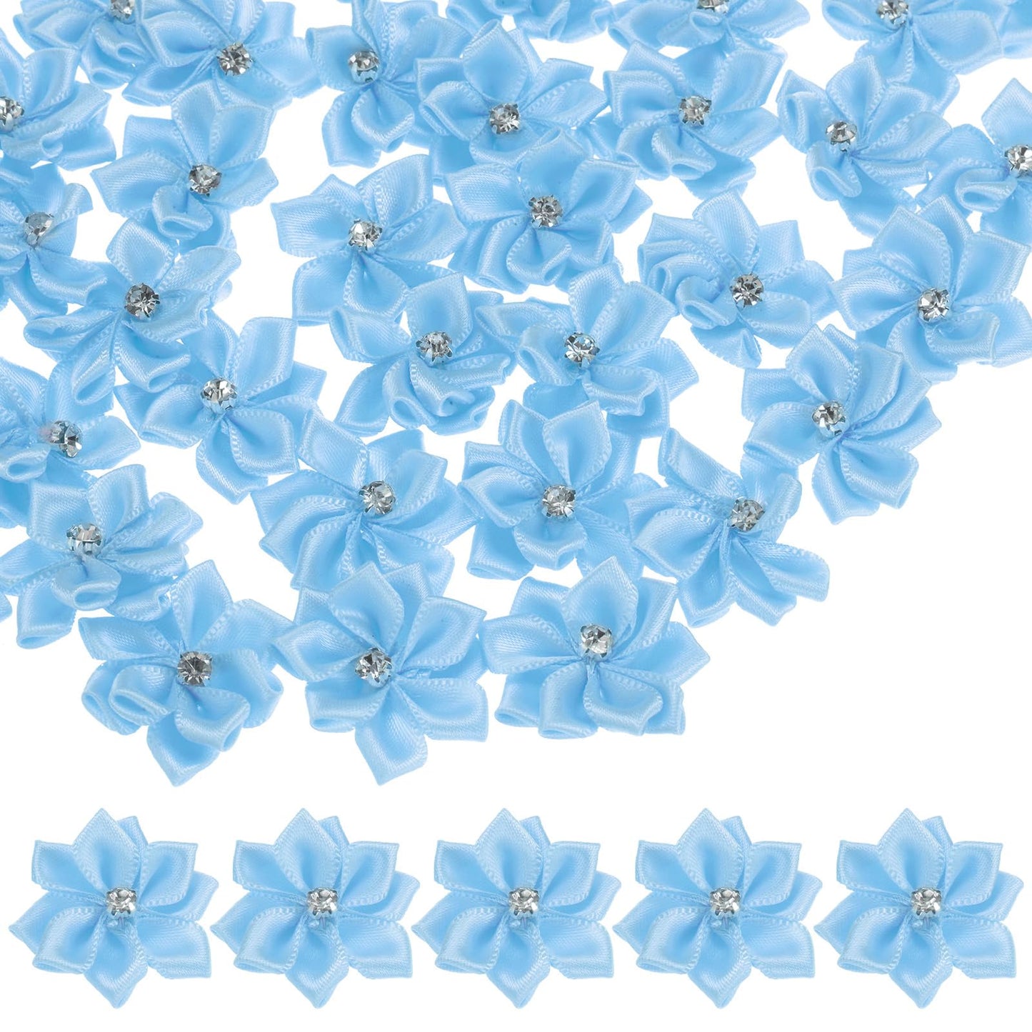 M METERXITY 200-Pack Satin Ribbon Flowers, 1.2 Inch Mini Fabric Flowers with Rhinestones Flower Ribbon Appliques for Crafts DIY/Wedding/Ornament/Party/Home [Blue]
