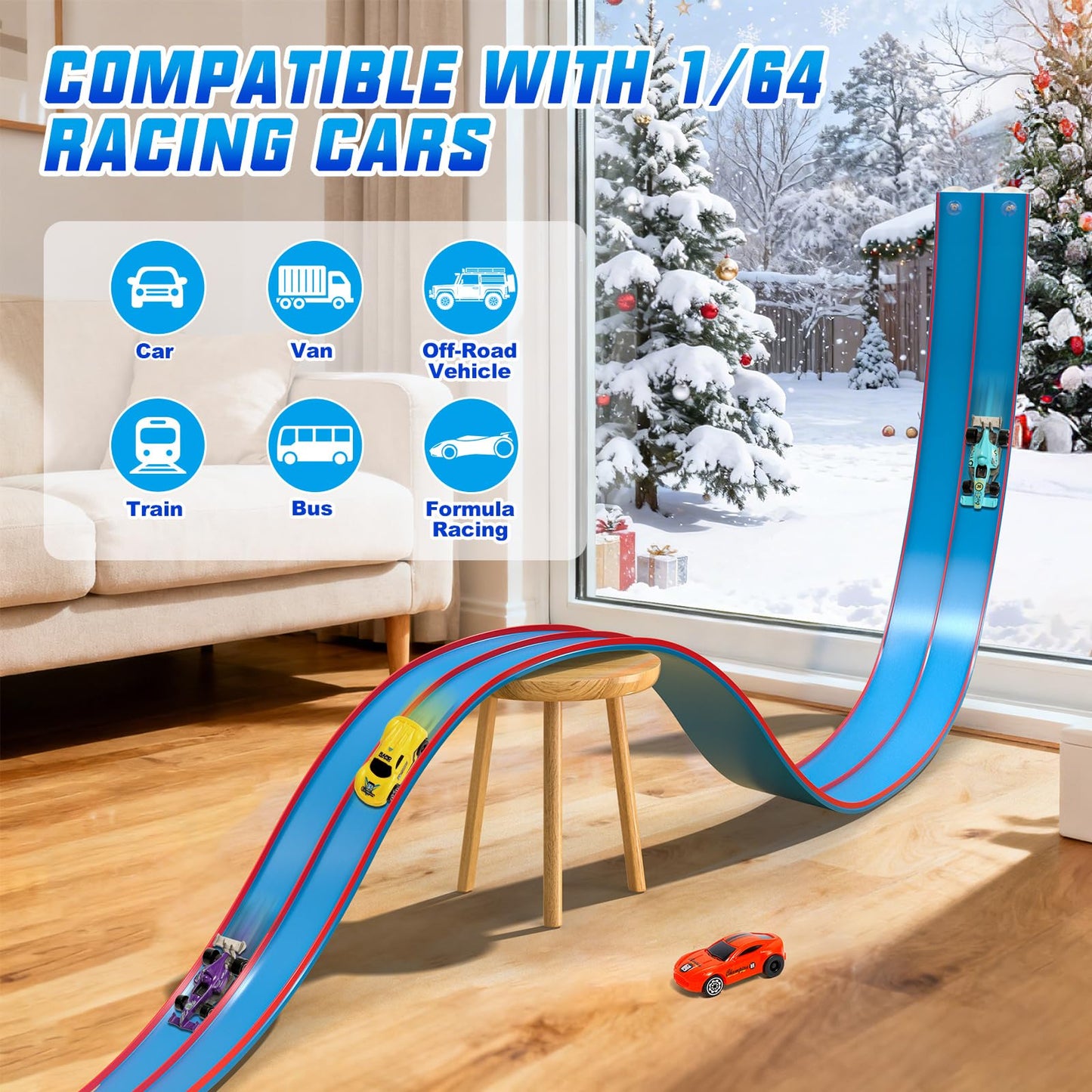 Sunrad 15Ft Flexible Race Car Track Toys for Kids with 4 Car & Suction Cups, Flex Tracks Starter Set Compatible with 1:64 Diecast Cars Portable Rolls Up DIY Racetrack, Gift for Boys Girls Age 3-5 4-8+