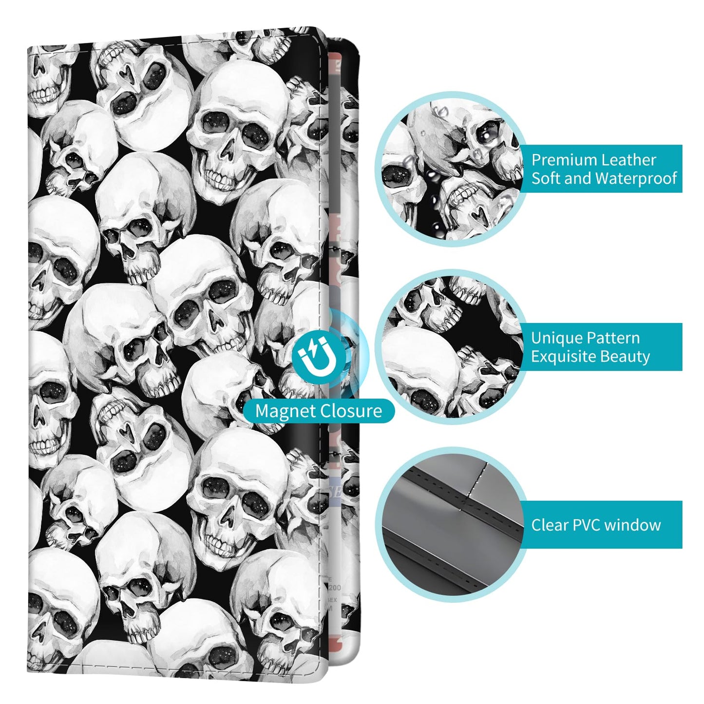 FGHFGO Car Registration and Insurance Holder with Magnetic Shut, Cute Vehicle Glove Box Car Organizer, Premium Interior Car Accessories for Women Men Luxury White Skulls