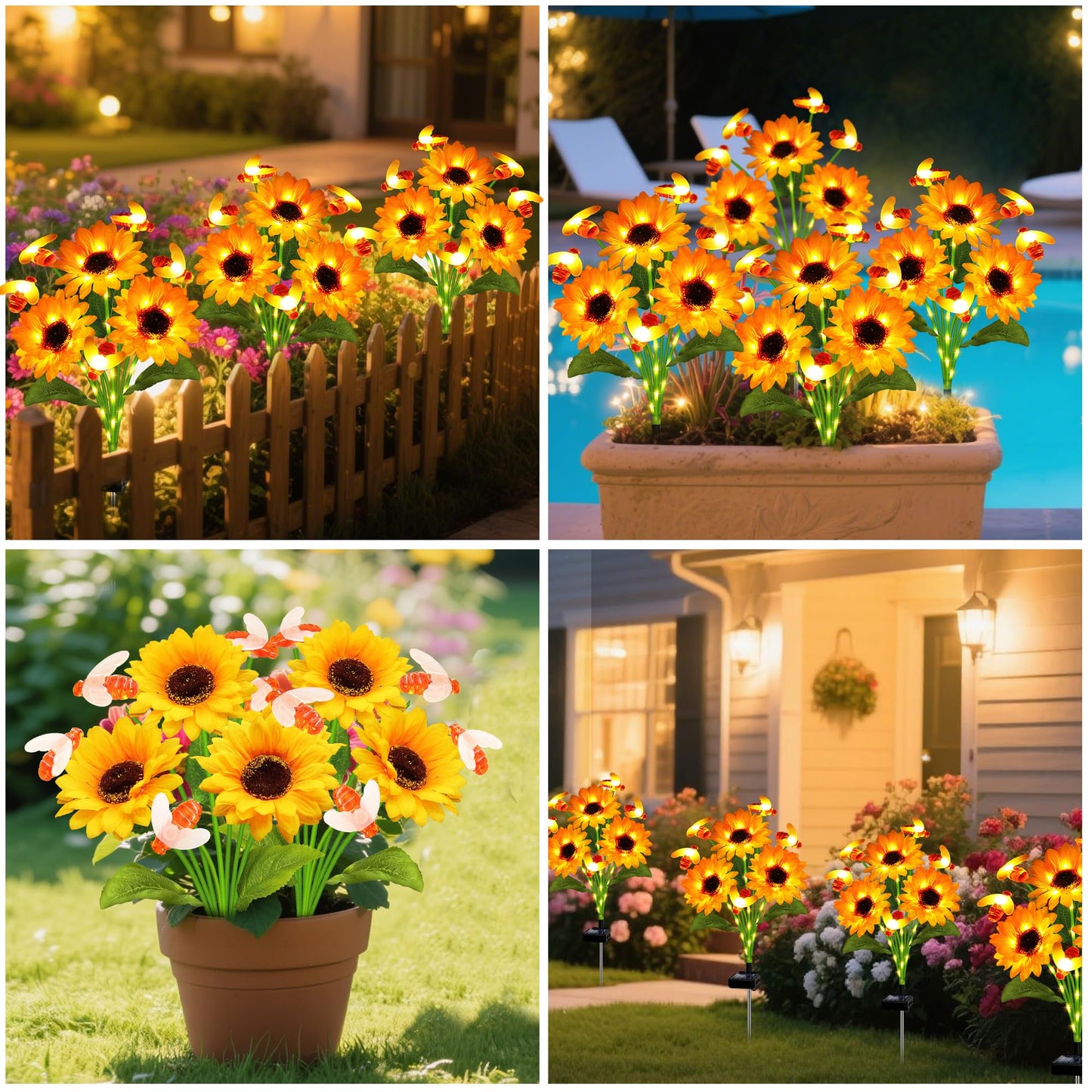 ANGMLN Solar Garden Lights 4 Pack Solar Swaying Bee Lights with Sunflowers, Gifts for Mom Women Mothers Day, Waterproof Firefly Flower Light for Outdoor Decor,Decoration for Patio Yard Landscape