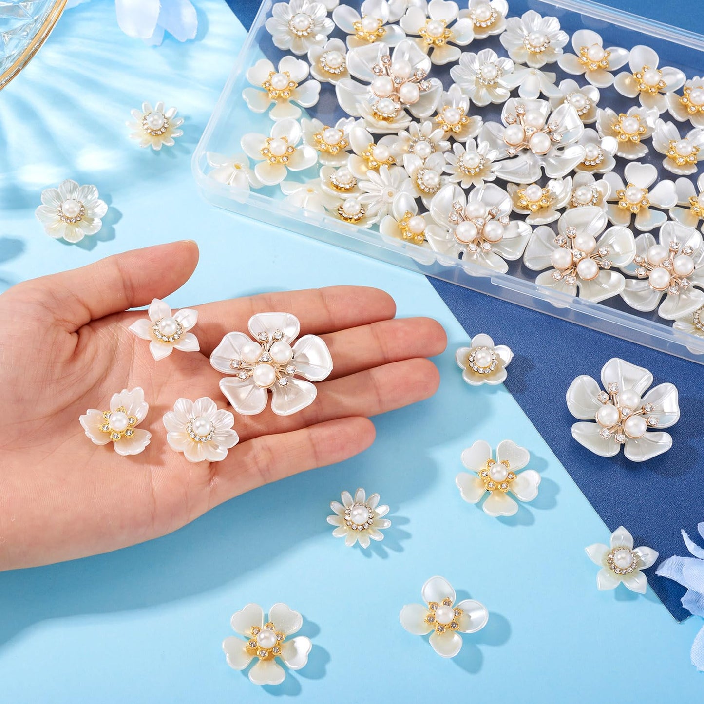 Beadthoven 56Pcs Pearl Rhinestone Buttons 8 Styles Vintage Crystal Flower Brooches Flatback Floral Button Embellishments for DIY Craft Wedding Bouquet Hair Clothing Jewelry Making Bag Shoes Supplies