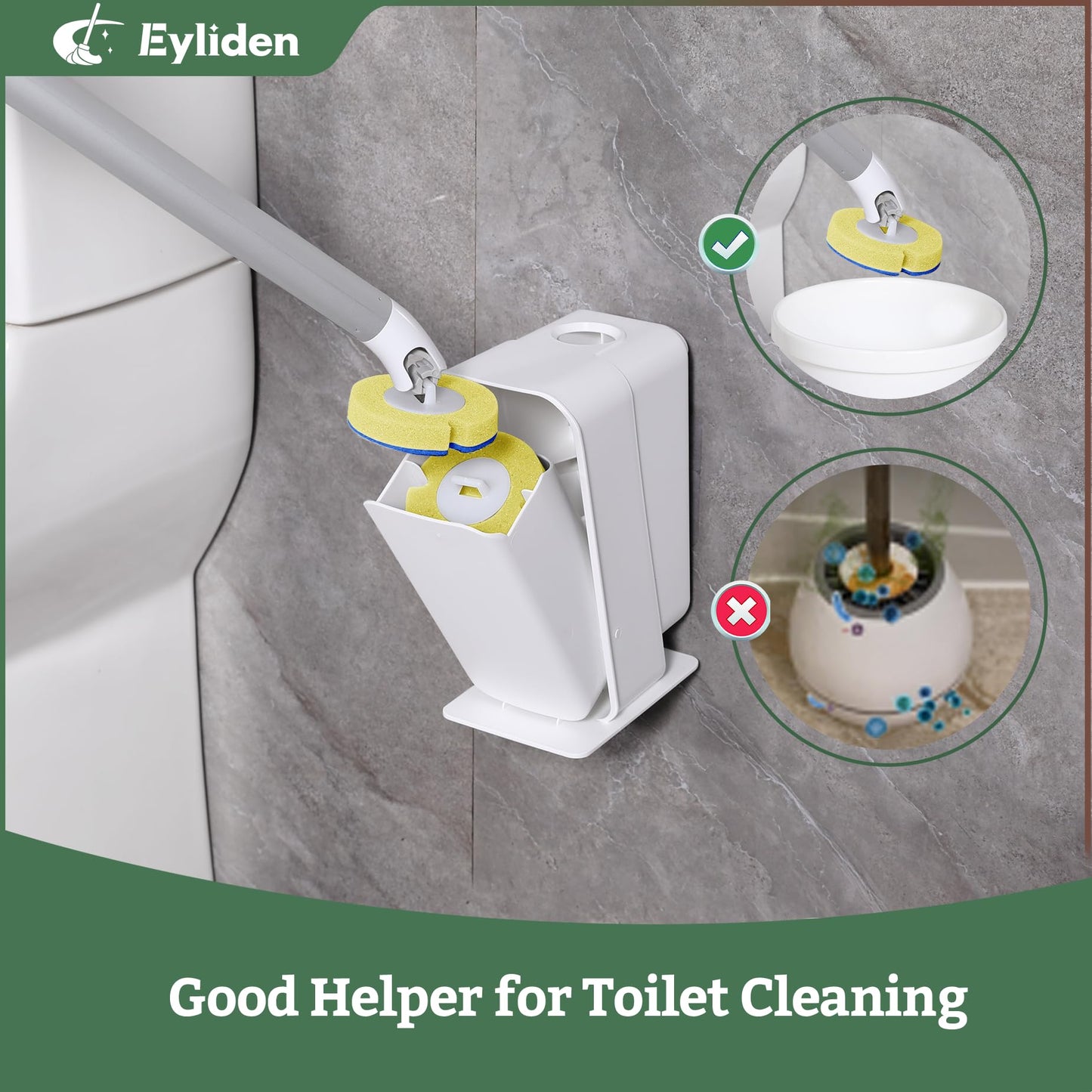 Eyliden Toilet Brush Set with 40 Refills, Disposable Toilet Cleaning Wand Kit with Pre-Soaked Sponge Heads, Hands-Free Toilet Bowl Cleaner Scrubber and Holder, White