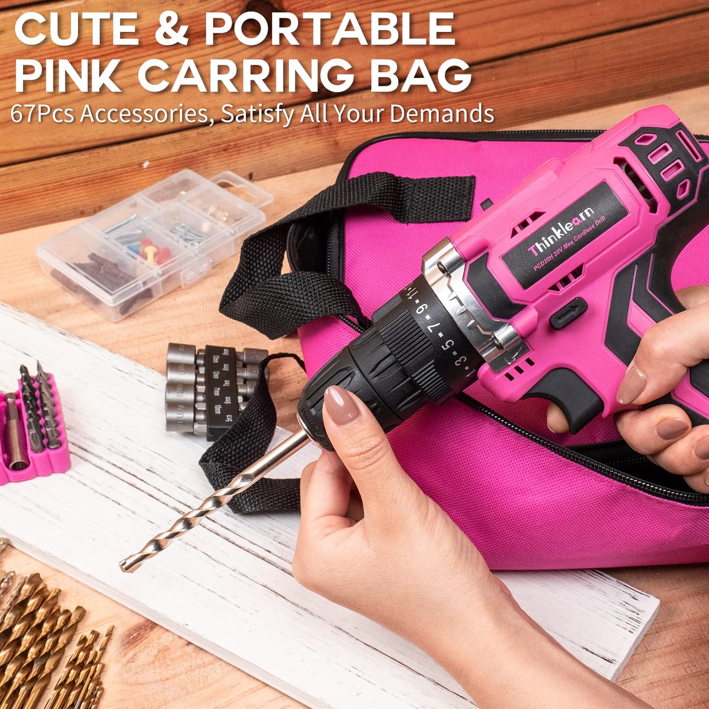Pink Cordless Drill Set, 20V Lithium-ion Power Drill Set for Women with 67Pcs Driver Bits, 3/8"Keyless Chuck, 25+1 Position, 2.0Ah Battery, Charger and Storage Bag Included