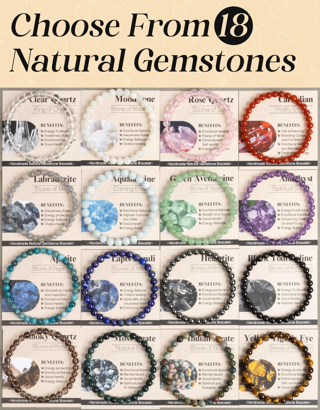 Landorilo Beaded Bracelet for Men Women, 6mm Natural Stone Moss Agate Healing Crystal Stretch Bracelets, Ideal Christmas Birthday Jewelry Gifts with Energy Card，Replacement Beads Included