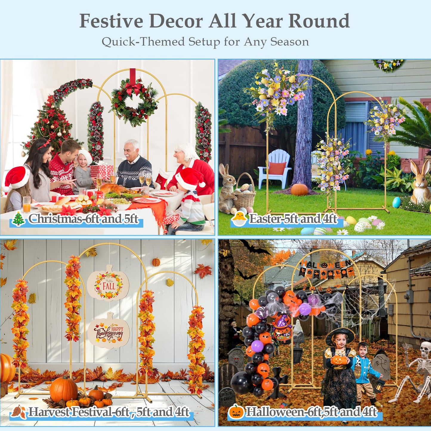 DEVISEFUN Balloon Arch Stand, 6FT,5FT,4FT Set of 3 Metal Gold Wedding Backdrop Arch Stand Kit with Base for Wedding Baby Shower Birthday Party Event Background Decoration Garden Floral Decor