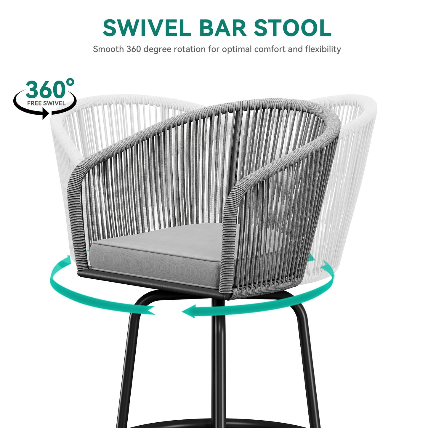 YITAHOME Counter Height Bar Stools Set of 4, Outdoor Bar Stools with Soft Cushions, Patio Rattan Swivel Bar Chairs for Backyard Poolside, Garden w /360 Rotation (Gray)
