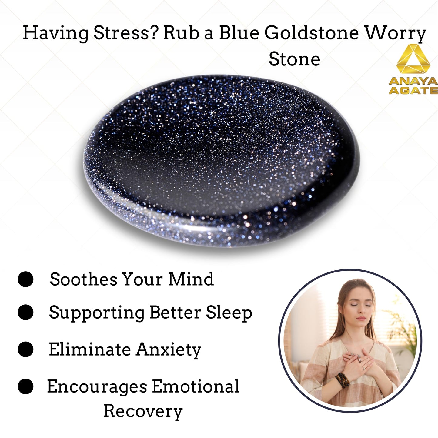 Anaya Agate Blue Goldstone Worry Stones Certified Crystal Thumb Worry Stone for Anguish, Relaxing and Soothing Balance Stones for Meditation, Stress Relief Crystals and Healing Stones for Men, Women