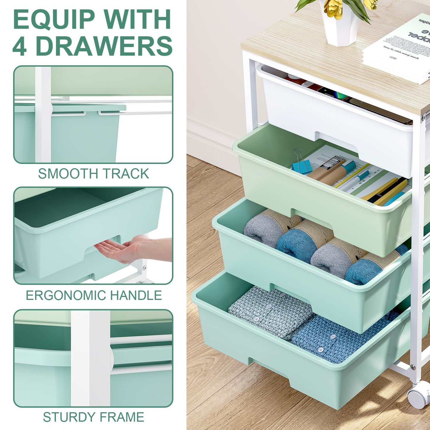 SYKIARIOL Utility Cart with 4 Drawers,Rolling Storage Cart with Drawers,Storage Rolling Drawer Cart with Wooden Tabletop for Bedroom,Kid's Room,Dorm,Classroom,Office,Green