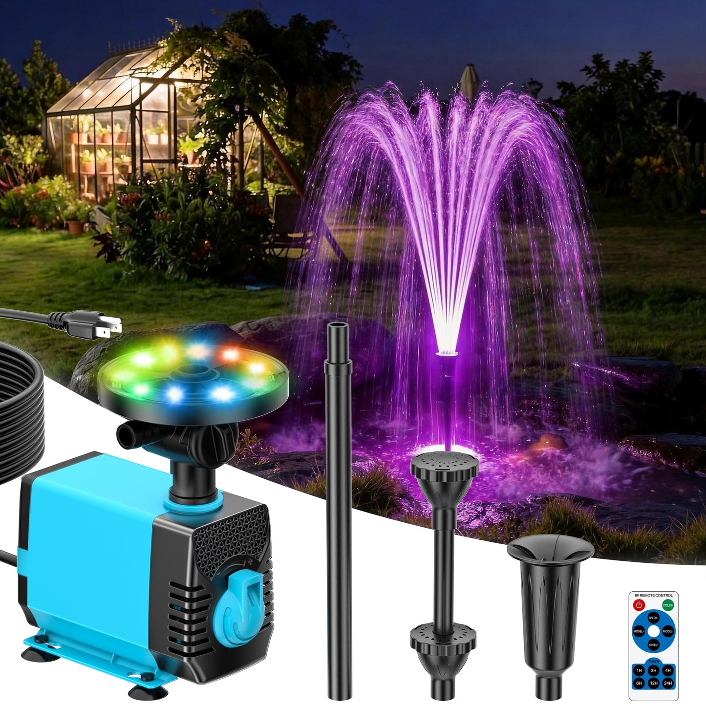 POPOSOAP Pond Fountain Pump Kit with RGB Lights & Remote Control, 660GPH Quiet Submersible Water Pump, Pond Pump with 3 Nozzles for Garden Koi Ponds, Fish Tank,Backyard Water Features Decor-P1104D