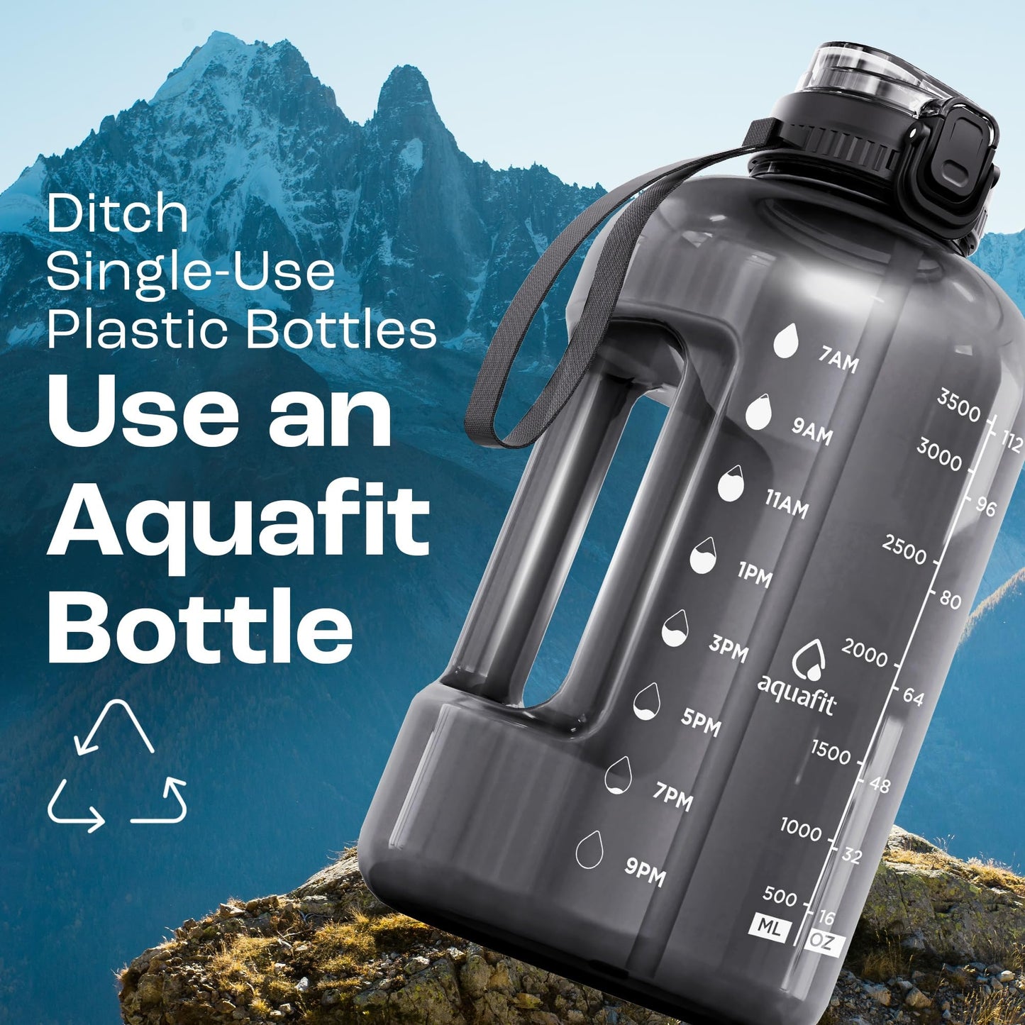 AQUAFIT 1 Gallon Water Bottle with Time Marker - Straw & Chug Lid - BPA Free Gym Water Bottle with Straw - Big Gallon Jug (Gray, 128 oz - 2in1 Lid)