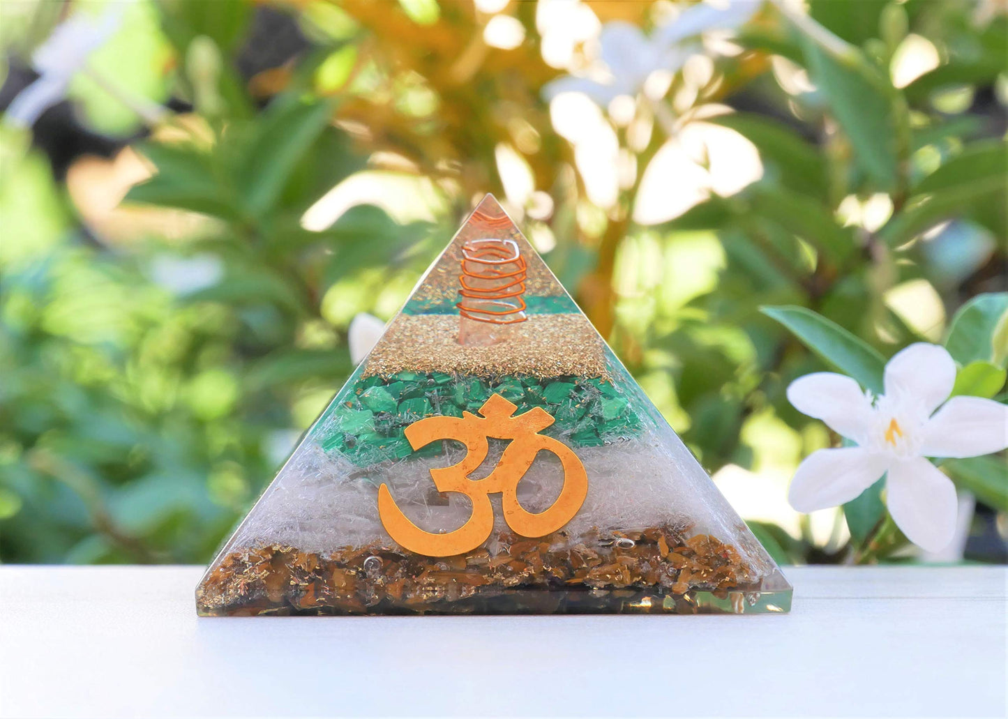 55mm orgone pyramid Tiger Eye, Selenite & Green Malachite protection crystals reiki healing stones, organite pyramid for good luck gift for women men gemstone crystal chakra charm orgonite collection