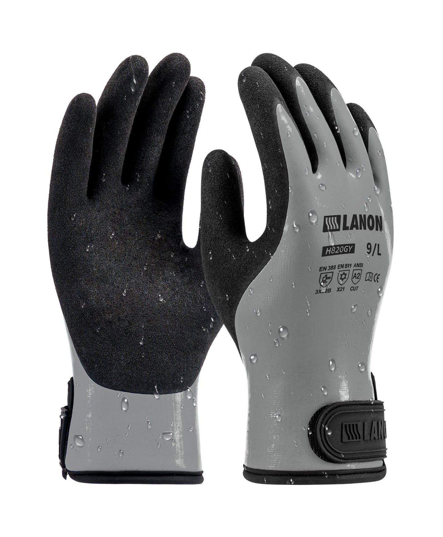 LANON Waterproof Winter Work Gloves, Double Latex Coated, Thermal Insulated Freezer Gloves for Cold Weather, Heavy Duty, Non-Slip Grip, Wrist Closure, Grey,L