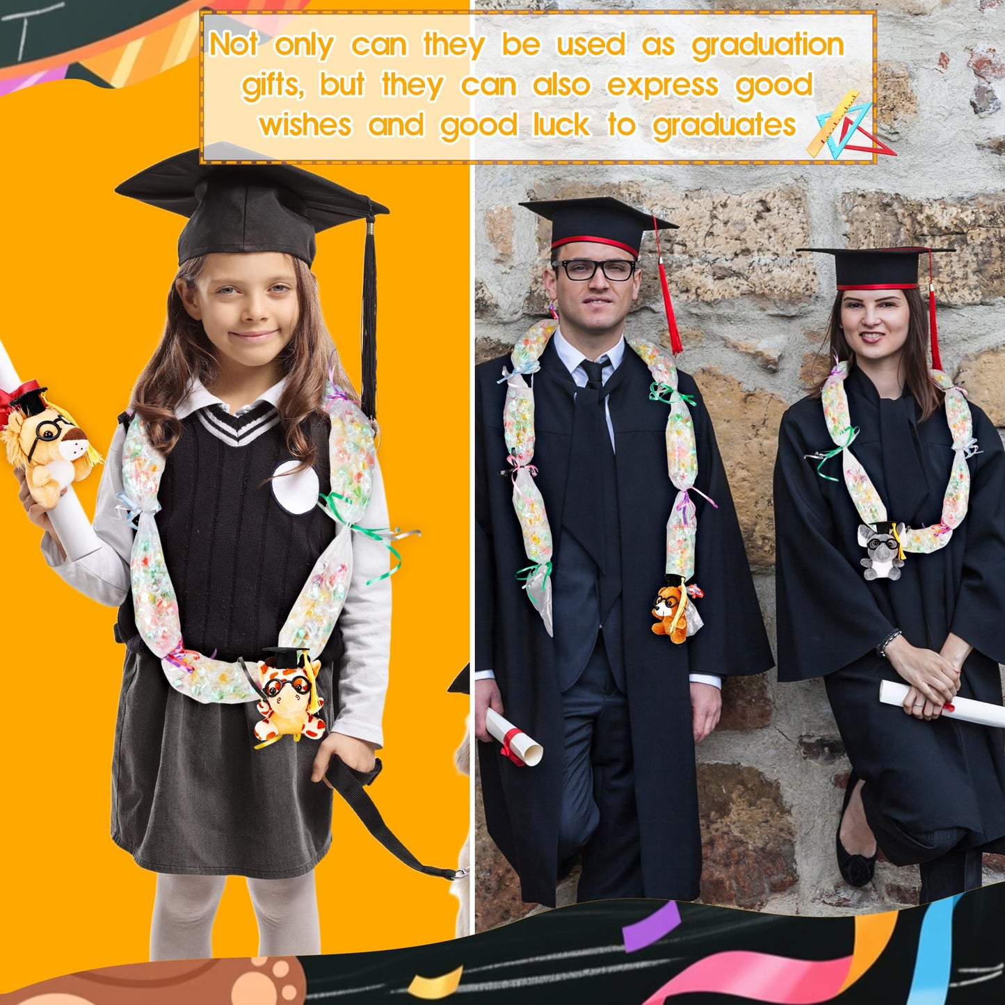 Mikasee 42 Pcs Graduation Stuffed Animal Candy Lei Making Kit 16 Graduation Stuffed Animal 16 Pcs Graduation Tube Bag with 10 Rolls Gift Ribbon for School Graduation Wreaths