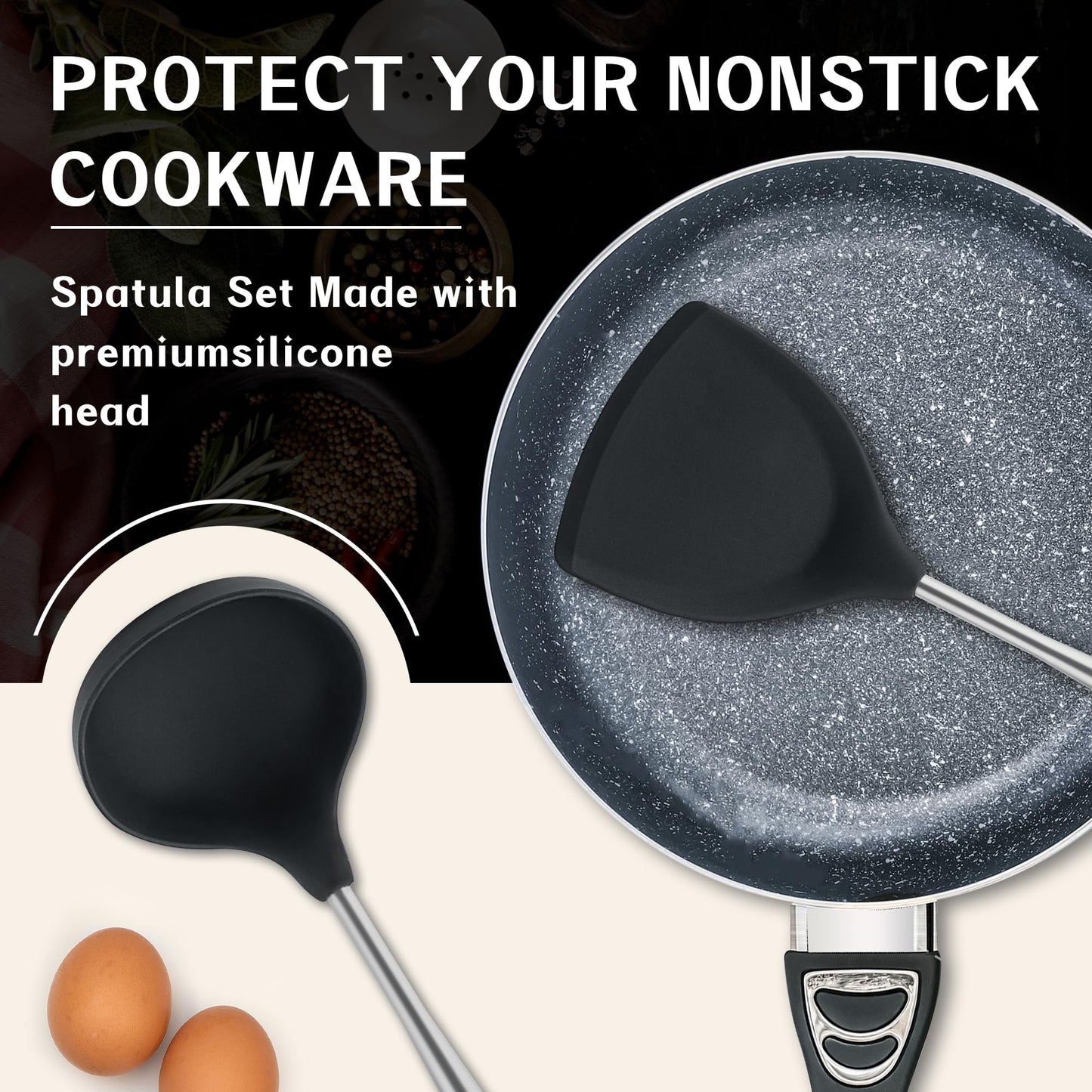 FJNATINH Silicone Spatula - Ladle - Skimmer Wok Tool Set,Stainless Steel Non Stick Heat-Resistant Cooking Utensils BPA Free Kitchen Utensils Cookware with Wooden Handle, Pack of 3