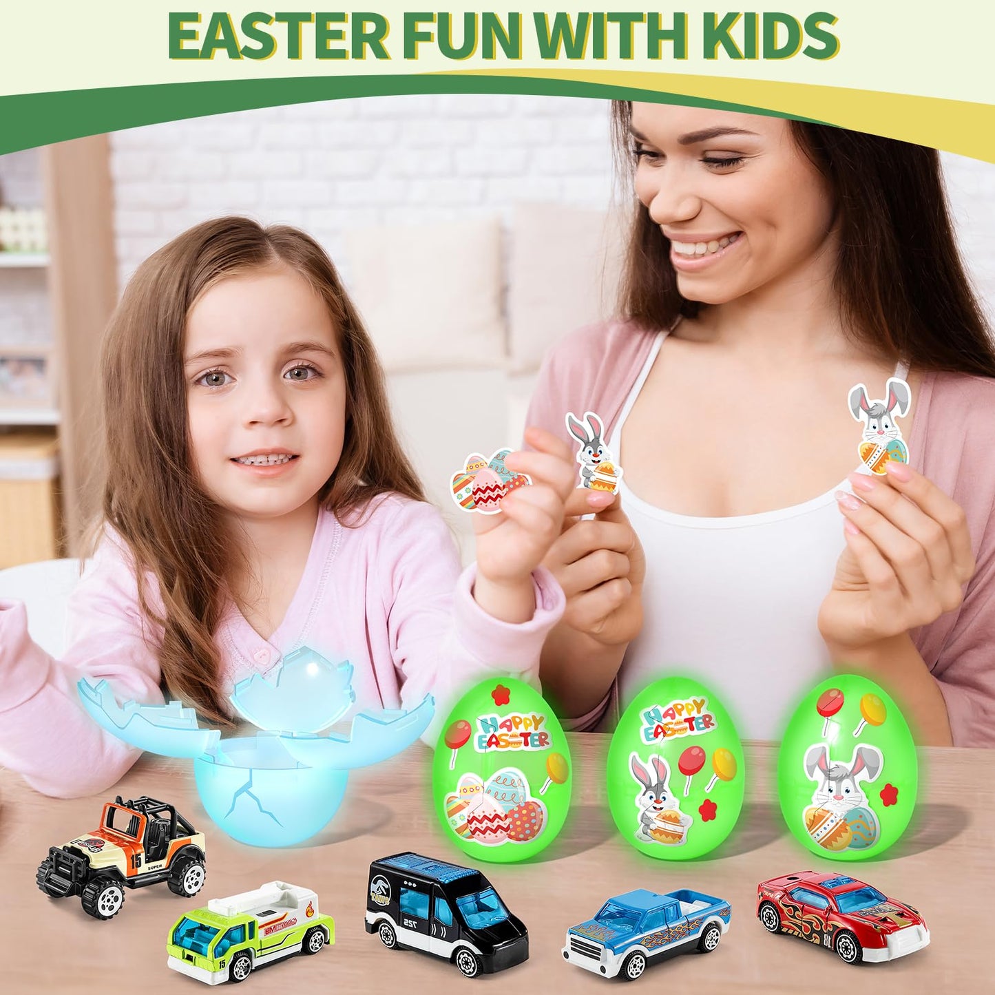 Beby Buty 6 Pack Luminous Easter Eggs with Mini Cars, Includes Off-Road Vehicles, Trucks, and Police Cars, Fun Easter Egg Hunt Toys for Kids Boys Girls 3 4 5 6 7 Years Old
