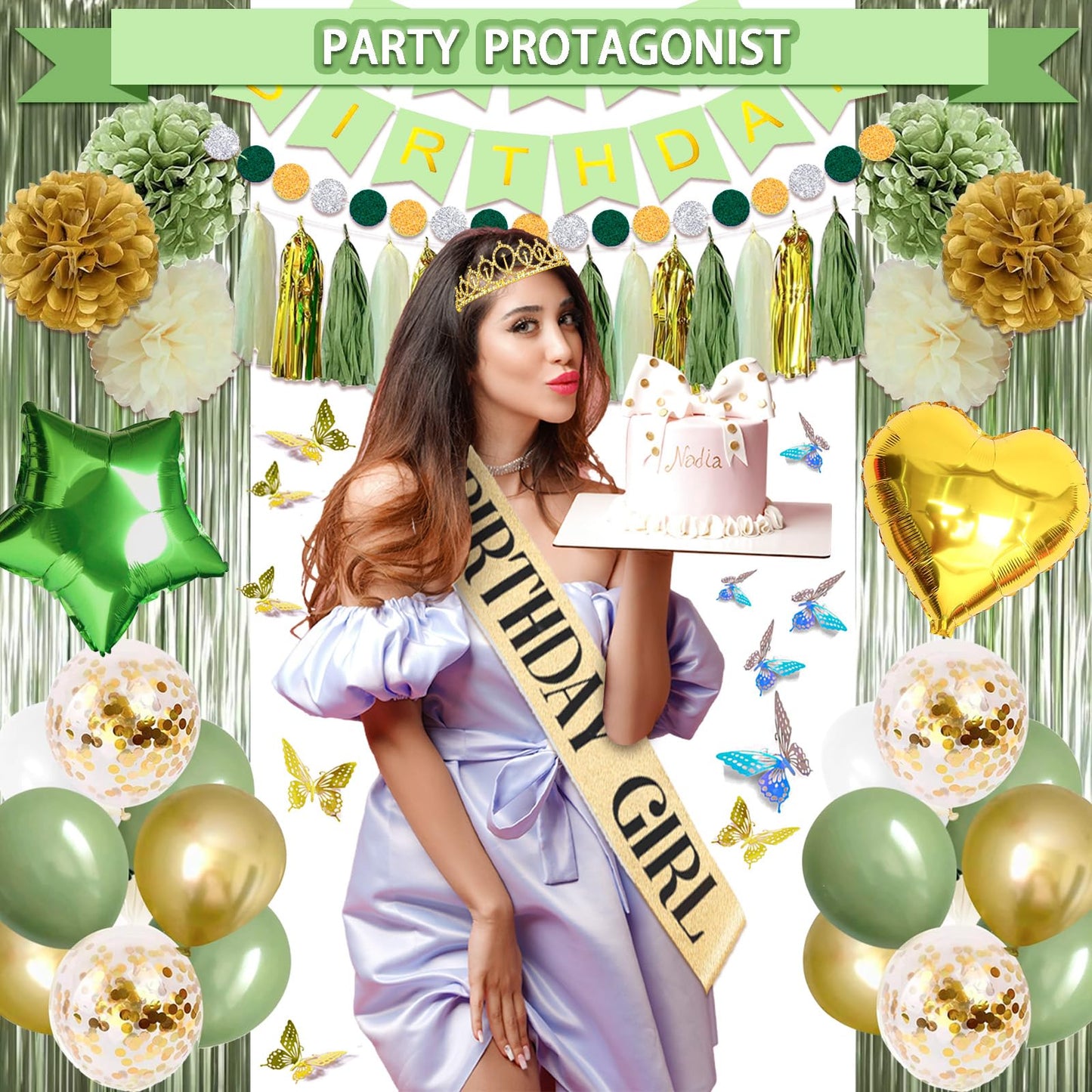 Guudmua 222 Pcs Sage Green Happy Birthday Decorations, Birthday Decorations for Women or Girl Kit- Disposable Dinnerware Set with 25 Guest, Balloons, Sash, Tiara, Banner, Paper Pom Poms
