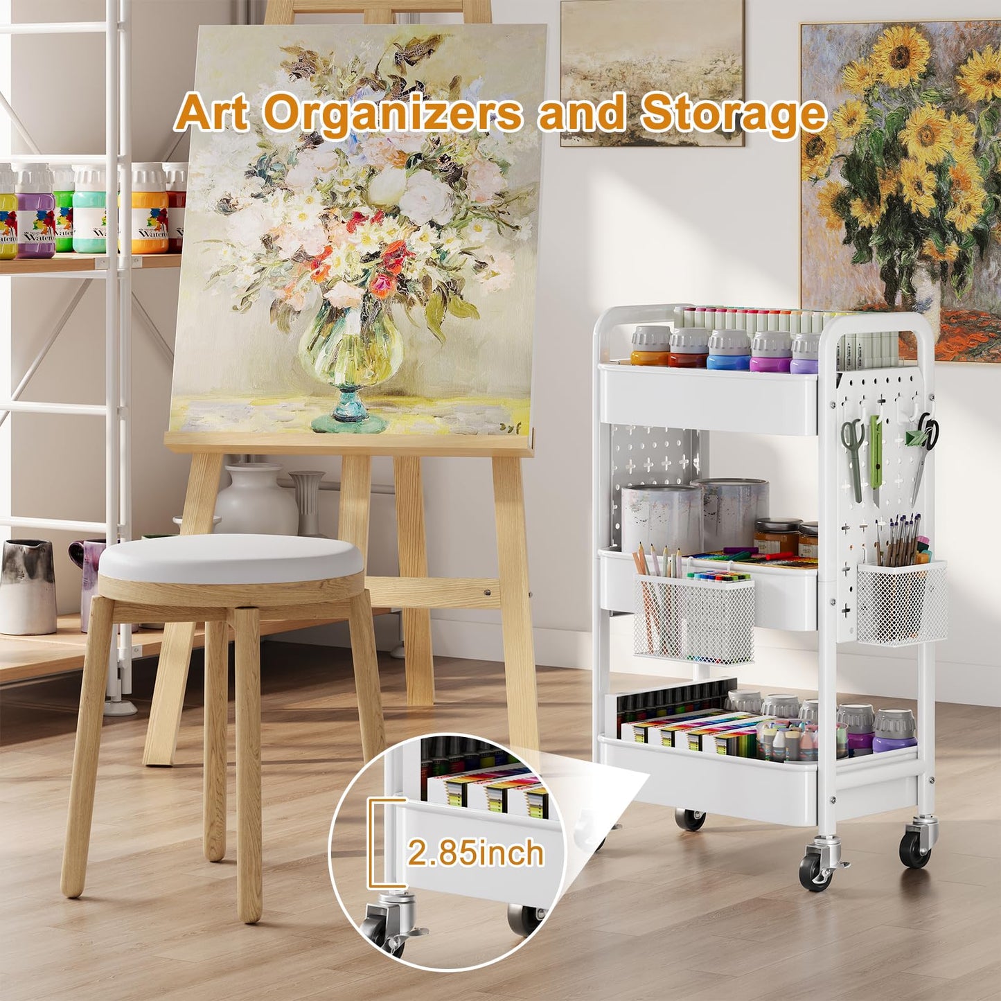 3 Tier Rolling Cart Metal with DIY Pegboard, White Utility Cart with Lockable Wheels, Three Tiered Craft Cart Organizer on Wheel, Utility Roller Storage Carts for Art, Baby Diaper Caddy, Snack, Book