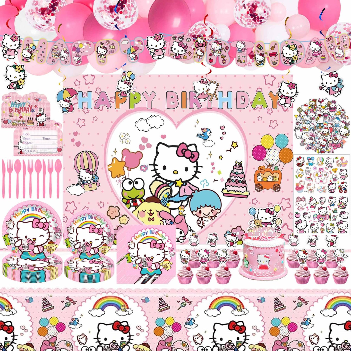 Cute Birthday Party Decorations Set - Pink Cartoon Theme Party Supplies Includes Banner, Foil Balloons, Printed Balloons, Tablecloth, Tableware, Napkins, for Adult Party