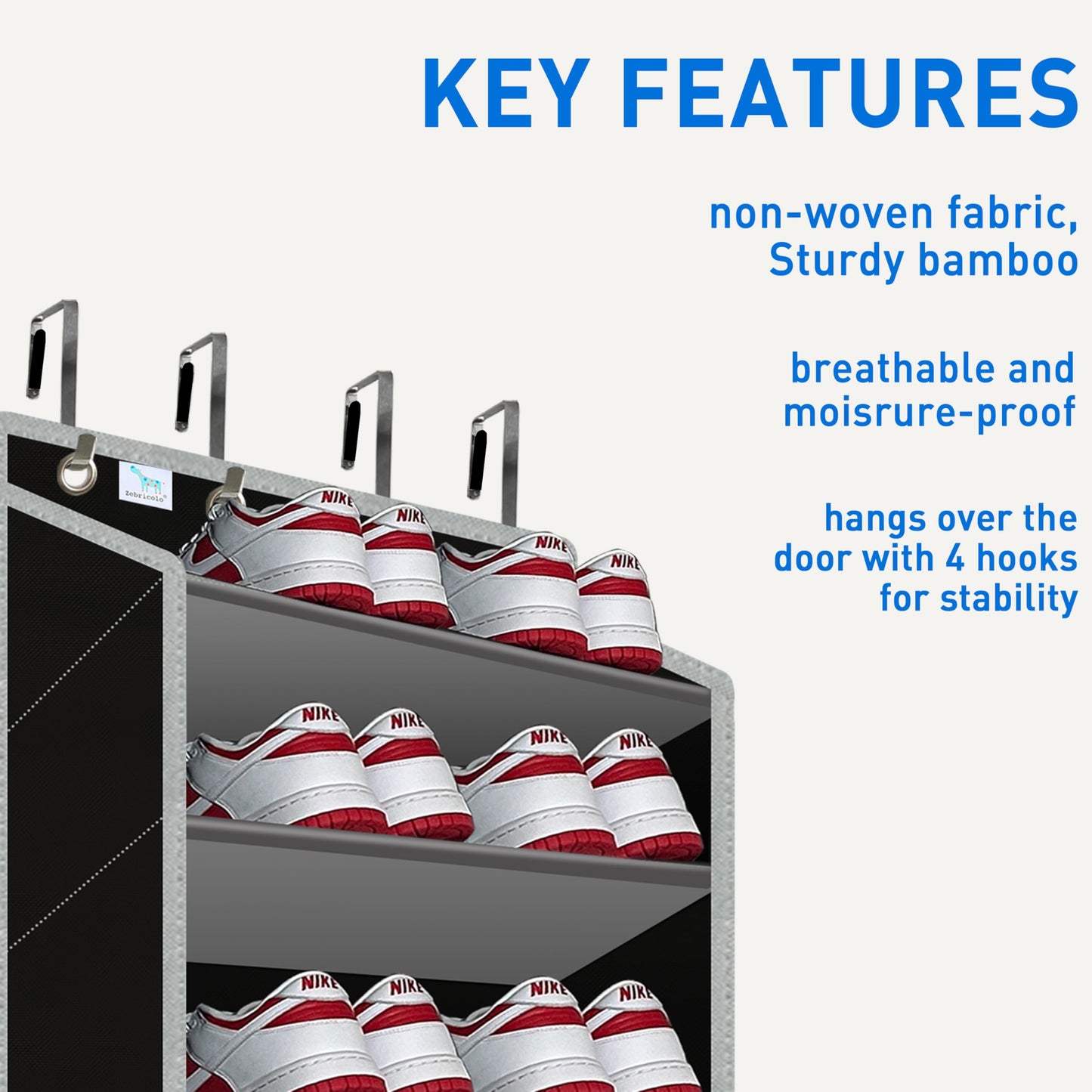 zebricolo Over the Door Shoe Organizer, Large Shoe Rack for Door 10 Tiers, Heavy Duty Metal Hanging Hook for Shoe Storage, Space Saving Shoe Holder Fits All Family Heels Boots Sneakers - Grey