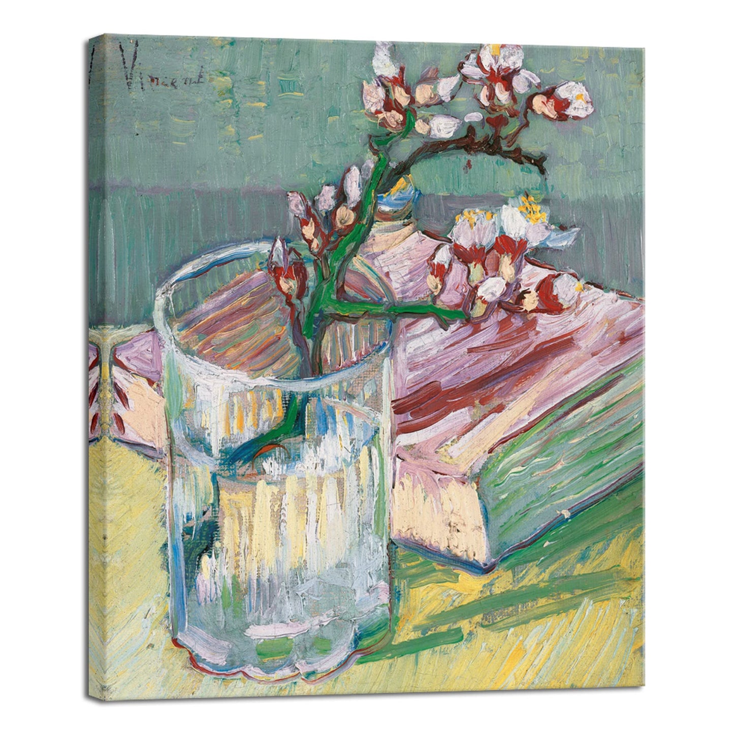 Wieco Art Canvas Wall Art Blossoming Almond Branch in a Glass with a Book by Vincent Van Gogh Large Canvas Prints for Living Room Decoration Post-impressionism Pictures Artwork