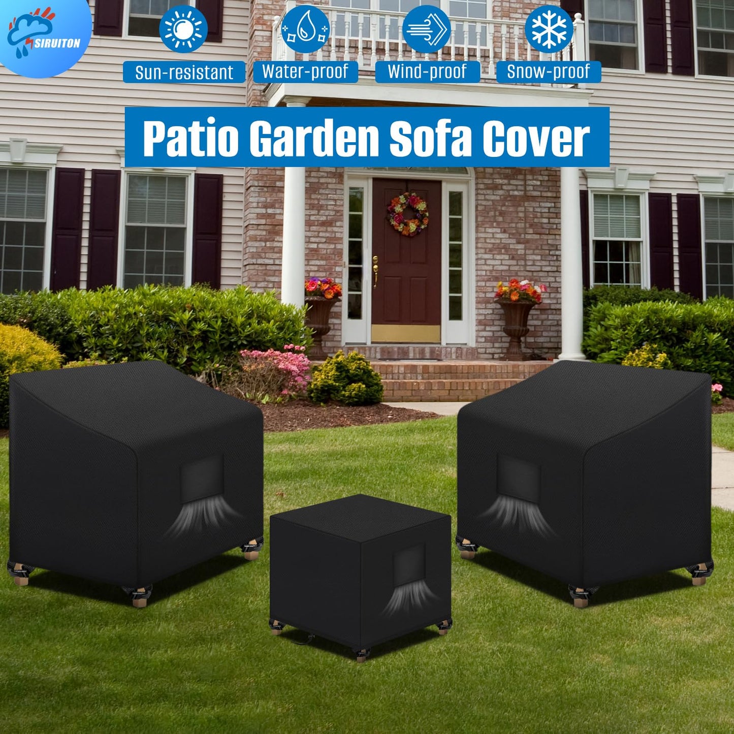 SIRUITON 3 Piece Outdoor Veranda Patio Garden Furniture Cover Set with 600D Durable and Water Resistant Fabric,Fit for Outdoor Wicker Patio Furniture Sets/Rattan Chair Conversation Sets-Balck