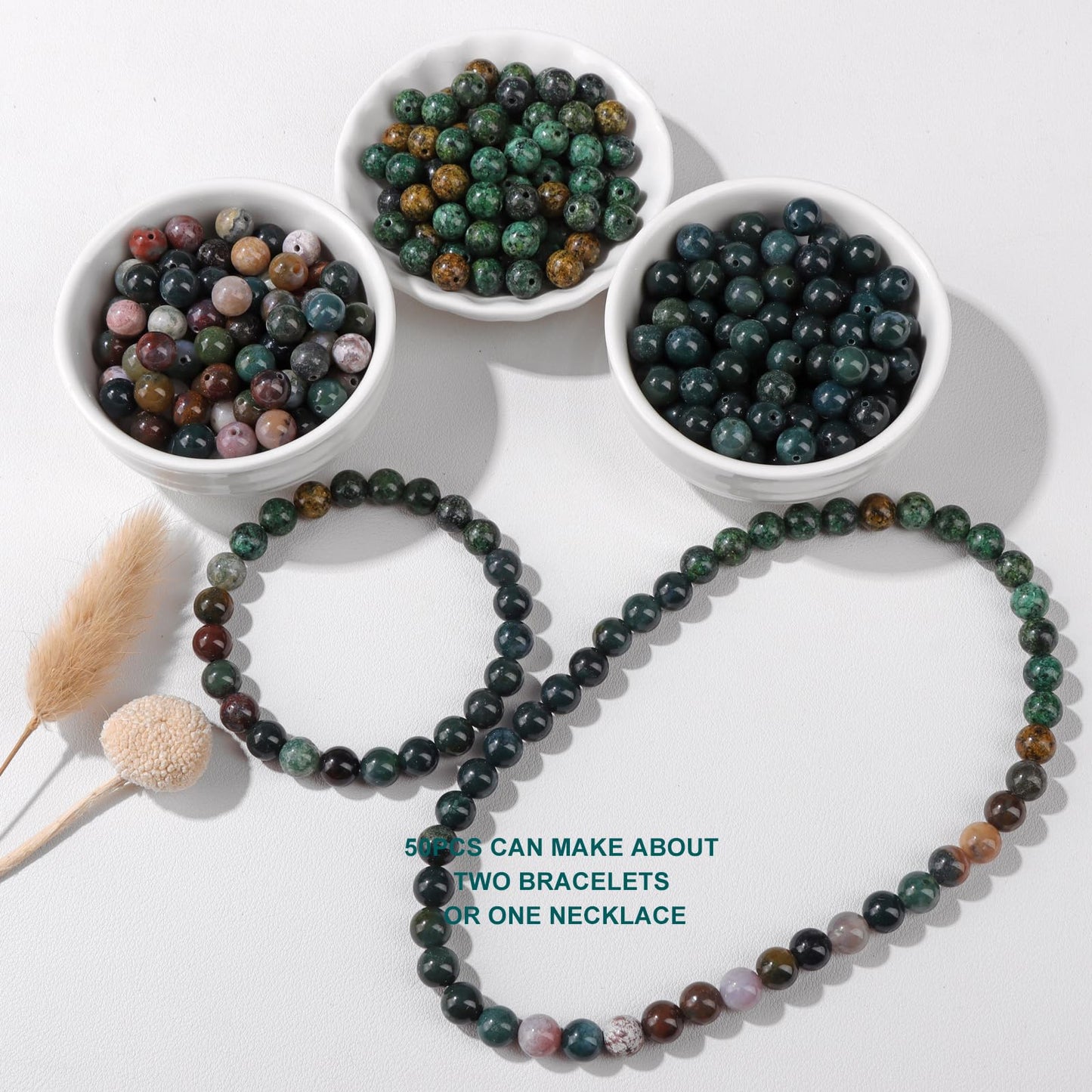 Risyfjew 50PCS 8mm Natural Moss Agate Beads Gemstone Round Loose Beads for Jewelry Making Chakra Crystal Stone Beads for Bracelets Necklace Earrings Making Supplies (50pcs/Strand)