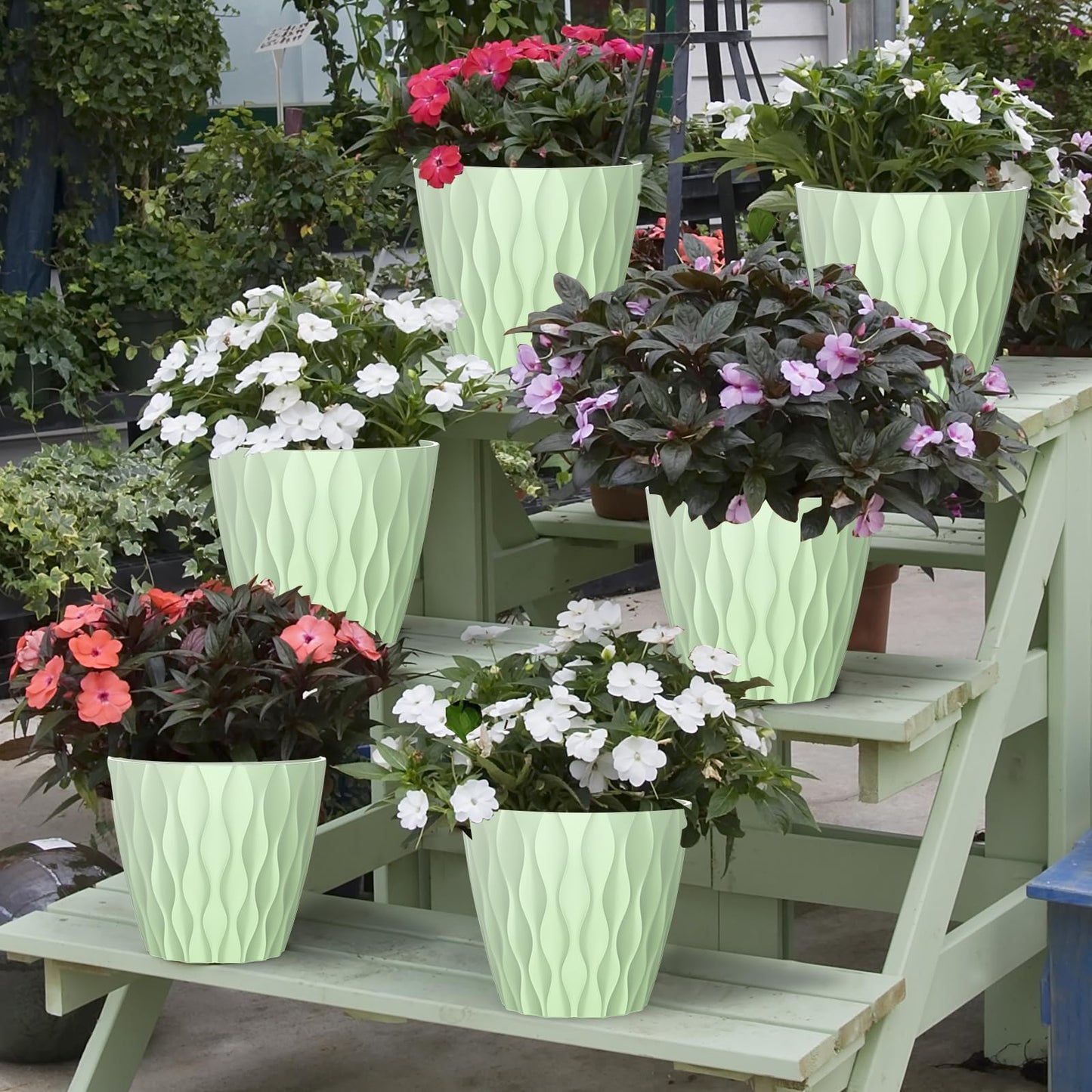 GDJUQZ 6 Pack 7 Inch Indoor Plant Pots with Drainage Holes, Outdoor Plastic Decorative Flower Pots, Garden Planters with Tray Saucers for Orchids, Violets, Succulents, Herbs, and Other Plants