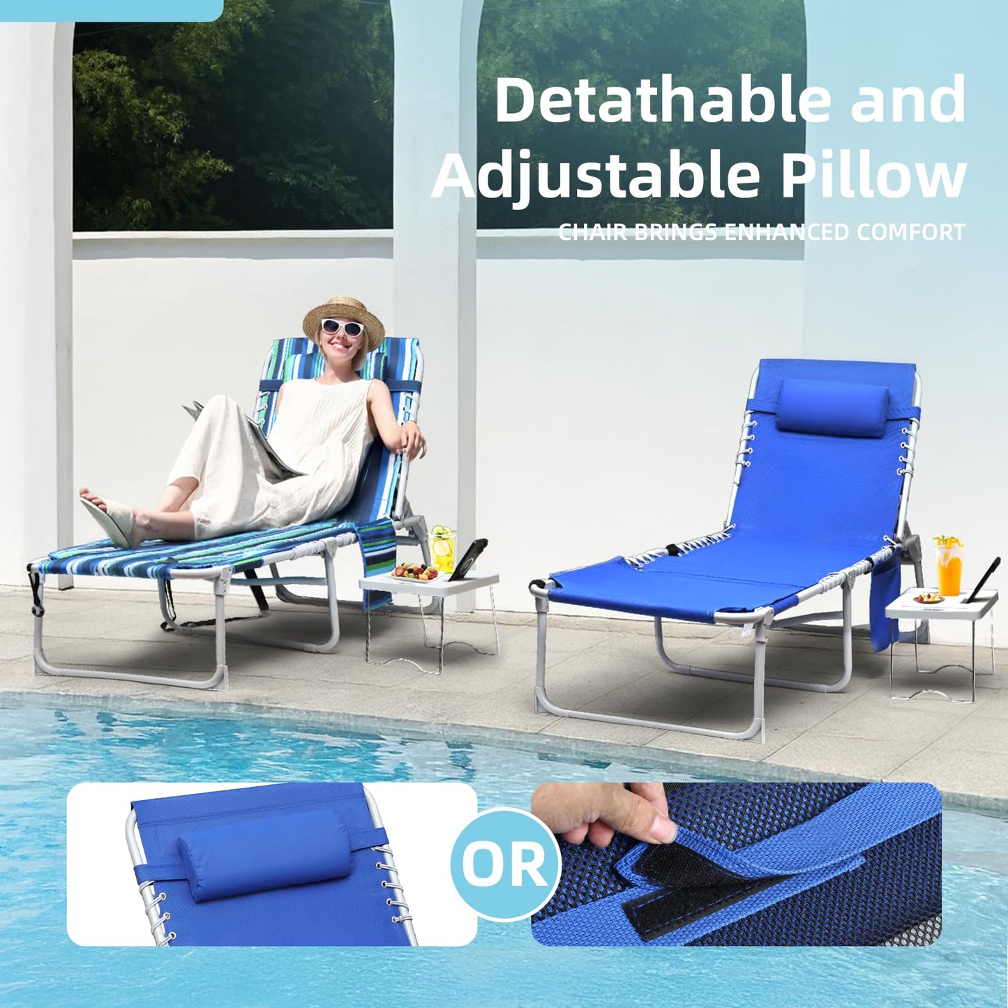 Yestomo 3-in-1 Sun Tanning Chair with Face Holes, Breathable Chaise Lounge Chair Outdoor, 5-Position Recliner, Lay Flat, Folding Side Table, Removable Pillow, Max 330lbs, Beach, Patio, Camping, Blue