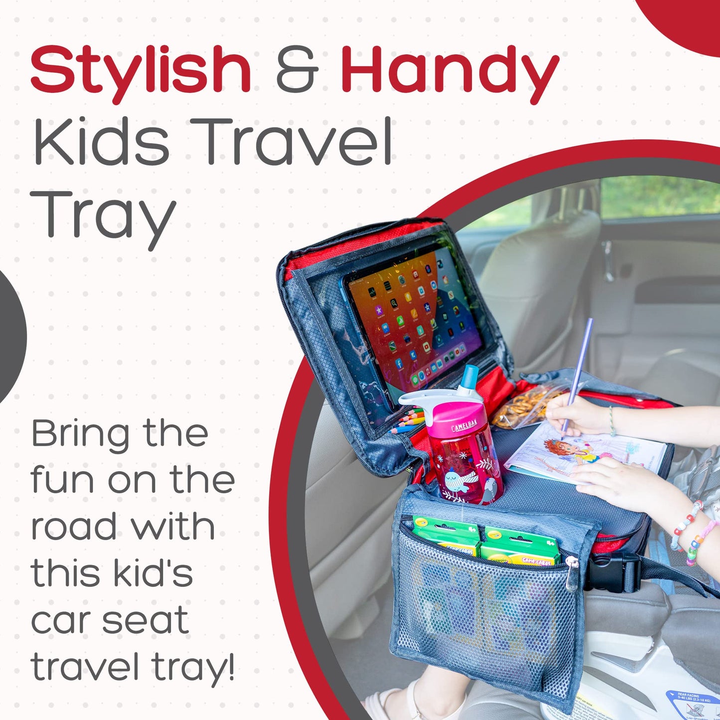 BE Family Travel Kids Car Seat Travel Tray, Car Accessories for Children, Car Seat Snack Tray, Traveling Essentials for Kids, Toddler Lap Tray for Engaging Activities, Multipurpose Design, Red