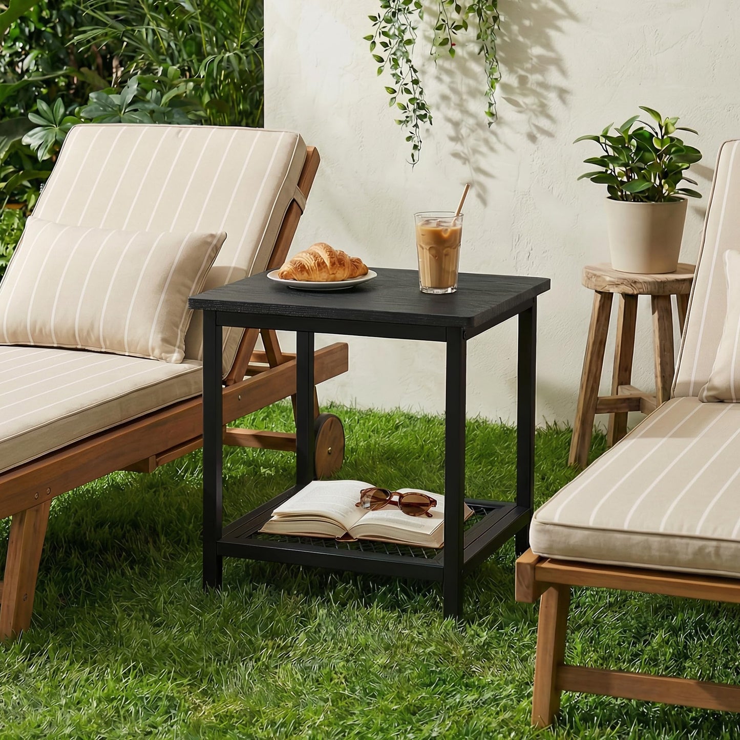 PyraLine 2-Tier Outdoor Side Table with Storage, Weather Resistant Patio End Table, HDPS Small Accent Table for Deck, Garden, Pool, Backyard, Black