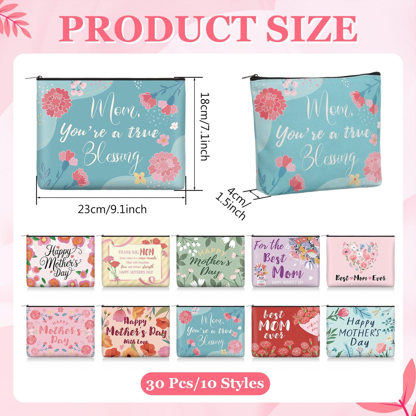 Landical 30 Pcs Mother's Day Makeup Bags Bulk, Mom Canvas Cosmetic Bags Gifts for Women, Toiletry Zipper Pouch Travel Vacation Essentials, Mother Gift Bag for Mom Party Favors Supplies