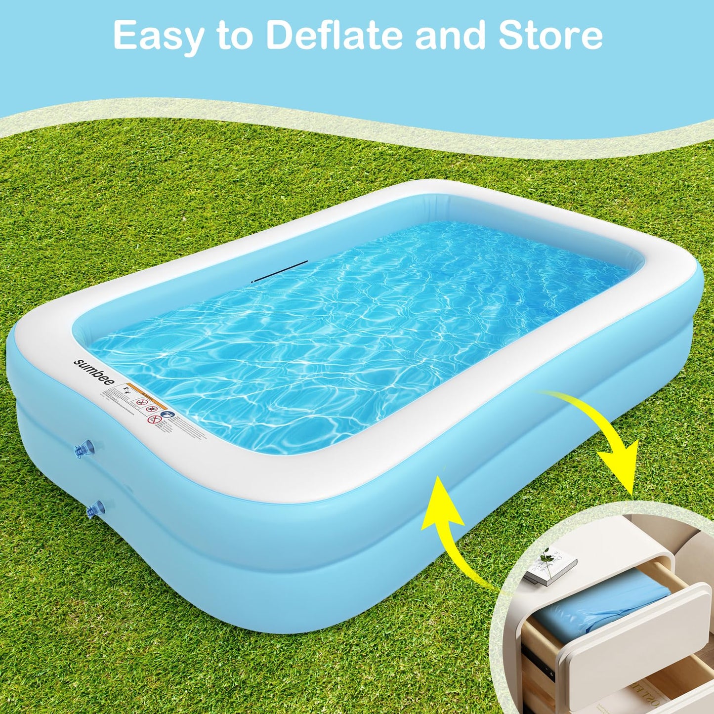 Sumbee Inflatable Swimming Kiddie Pool for Adults Kids Ages 4-8-12, Size 103" X 69" X 20" Rectangle Blow Up Family Pool for Children Backyard Outdoor Garden Summer Water Party Full-Sized Light Blue