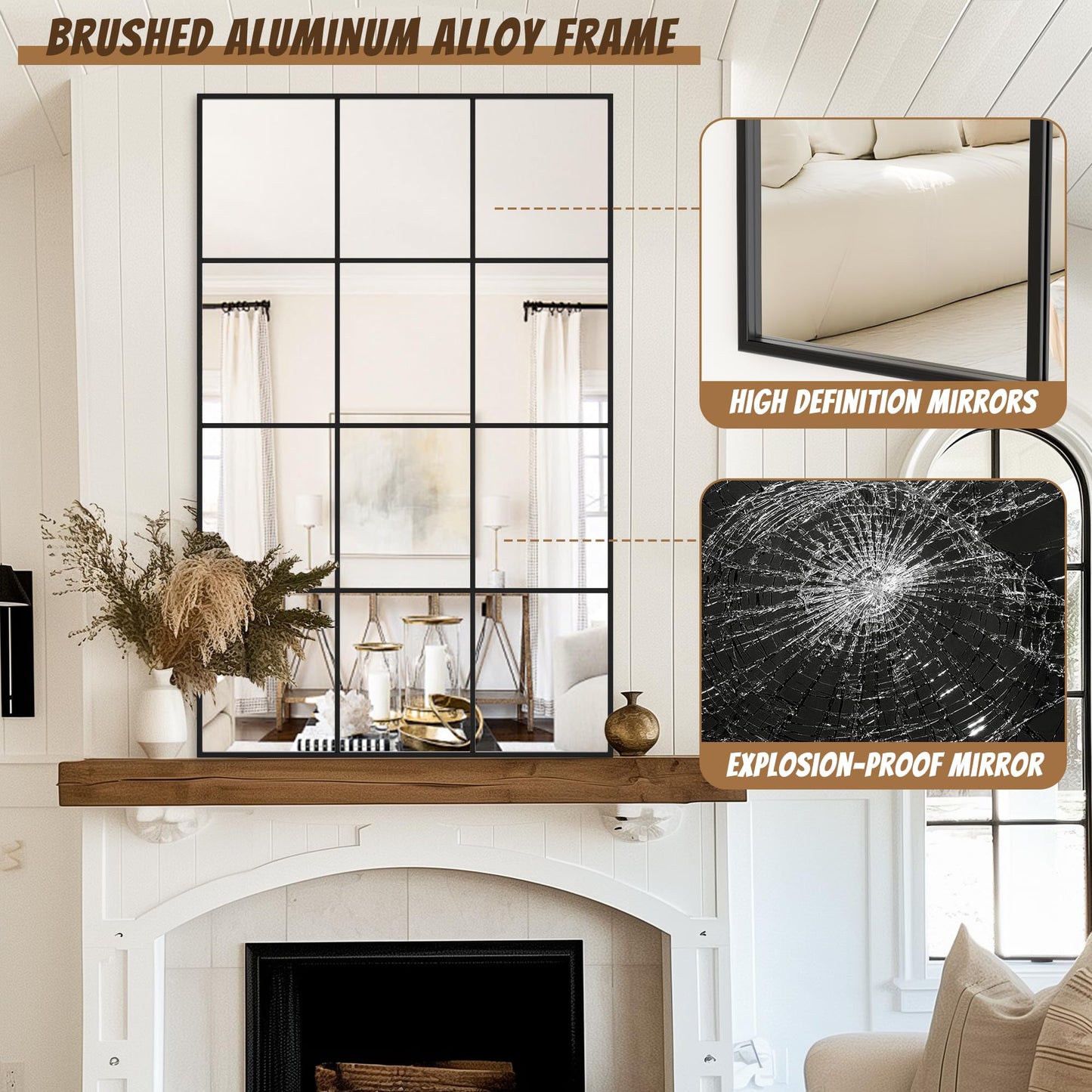 Antok Wall Mirror, 48" x 30" Window Pane Decorative Mirror, Metal Framed Wall Mounted Mirror, Hanging or Leaning for Living Room, Bedroom, Dining Room, Entryway, Black