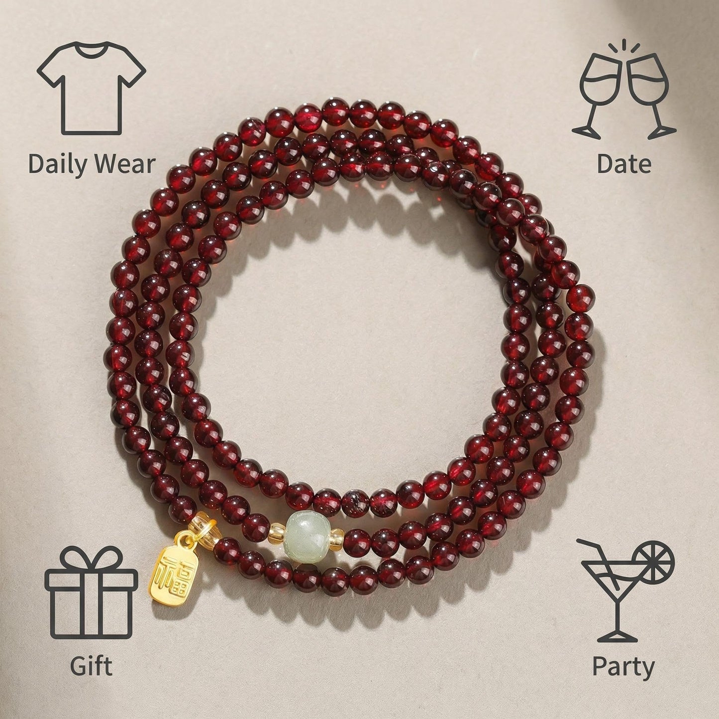 CNYTPE Garnet Bracelet for Women – Red Garnet Jewelry, Healing Crystal Bracelet, Handmade Gemstone Jewelry, Symbol of Love, Happiness & Harmony (4mm Garnet & Nephrite Multi-Strand)