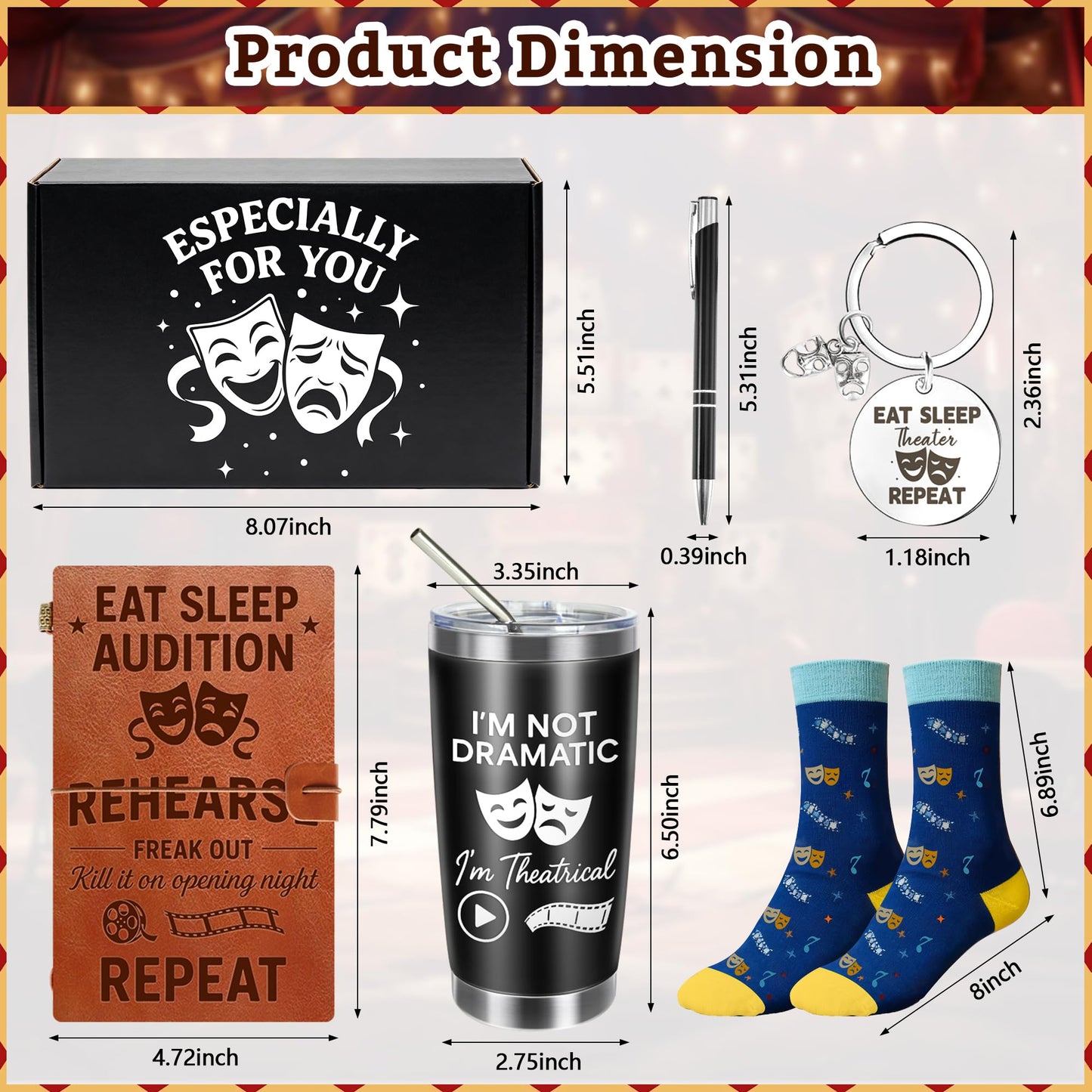 5 Pcs Theater Gifts Set - 20oz Tumblers, Leather Notebook, Pen, Socks, Keychain,Musical Actor Broadway Ideal for Theater Lovers, Drama Students, Performers, Directors,Gifts for Graduation, Birthday