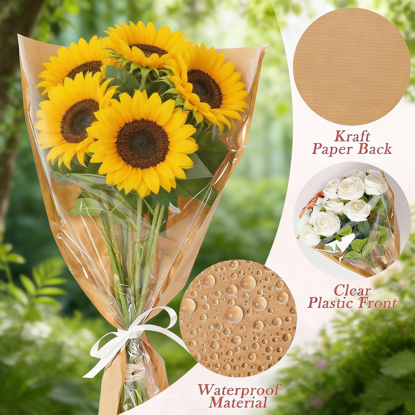 50 Pack Flower Bags for Bouquets, Brown Kraft Flower Bouquet Bags, Wrapping Sleeves for Florist Supplies, Gift Packaging for Wedding Birthday Valentine’s Day Mother‘s Day 9.8x3.9x17.9 Inches
