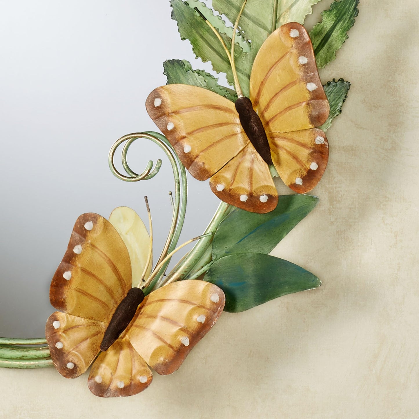 Butterfly Song Decorative Oval Wall Mirror | Designed by Joanne Ferrara | Handcrafted Metal Mirrored Artwork | Handpainted Green, Gold, and Golden Yellow Earth-Toned Butterflies, Leaves, & Fern Plants