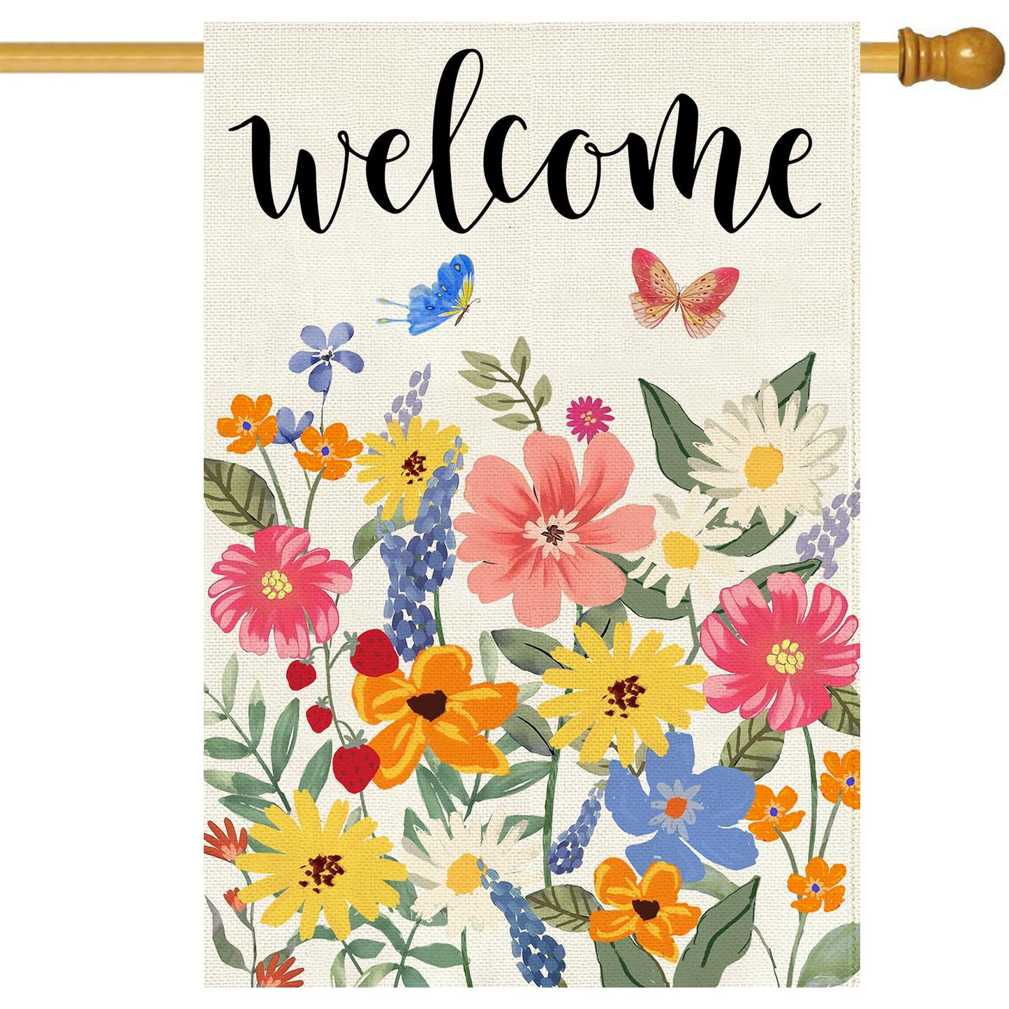 Baccessor Spring Summer Welcome House Flag Double Sided 28x40 Inch Burlap,Floral Butterflies Large Garden Flag Porch Patio Front Entry Yard Seasonal Farmhouse Outside Outdoor Decor