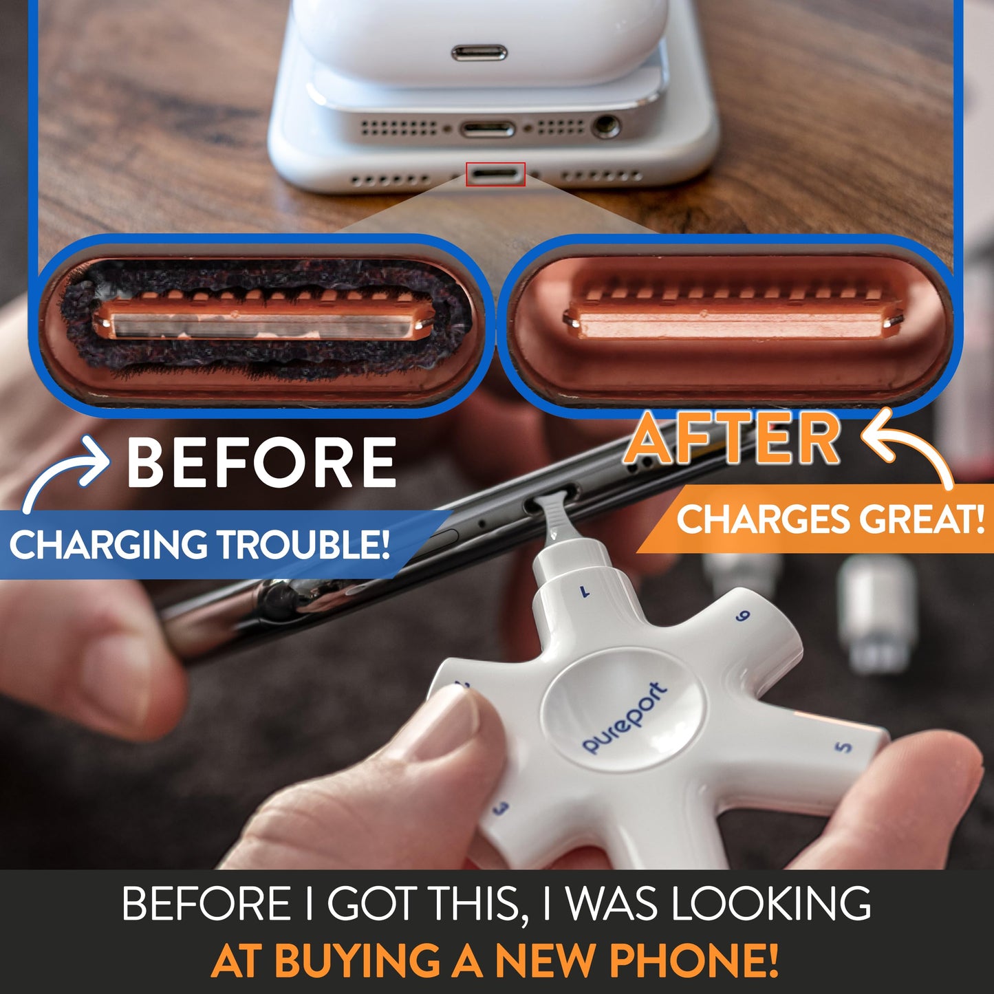 PurePort USB-C Multi-Tool Phone Cleaning Kit | Clean Repair & Restore Cell Phone Tablet & Laptop USB C Ports & Cables | Fix Unreliable & Bad Connections | Extend The Life of Your Tech Devices (Black)
