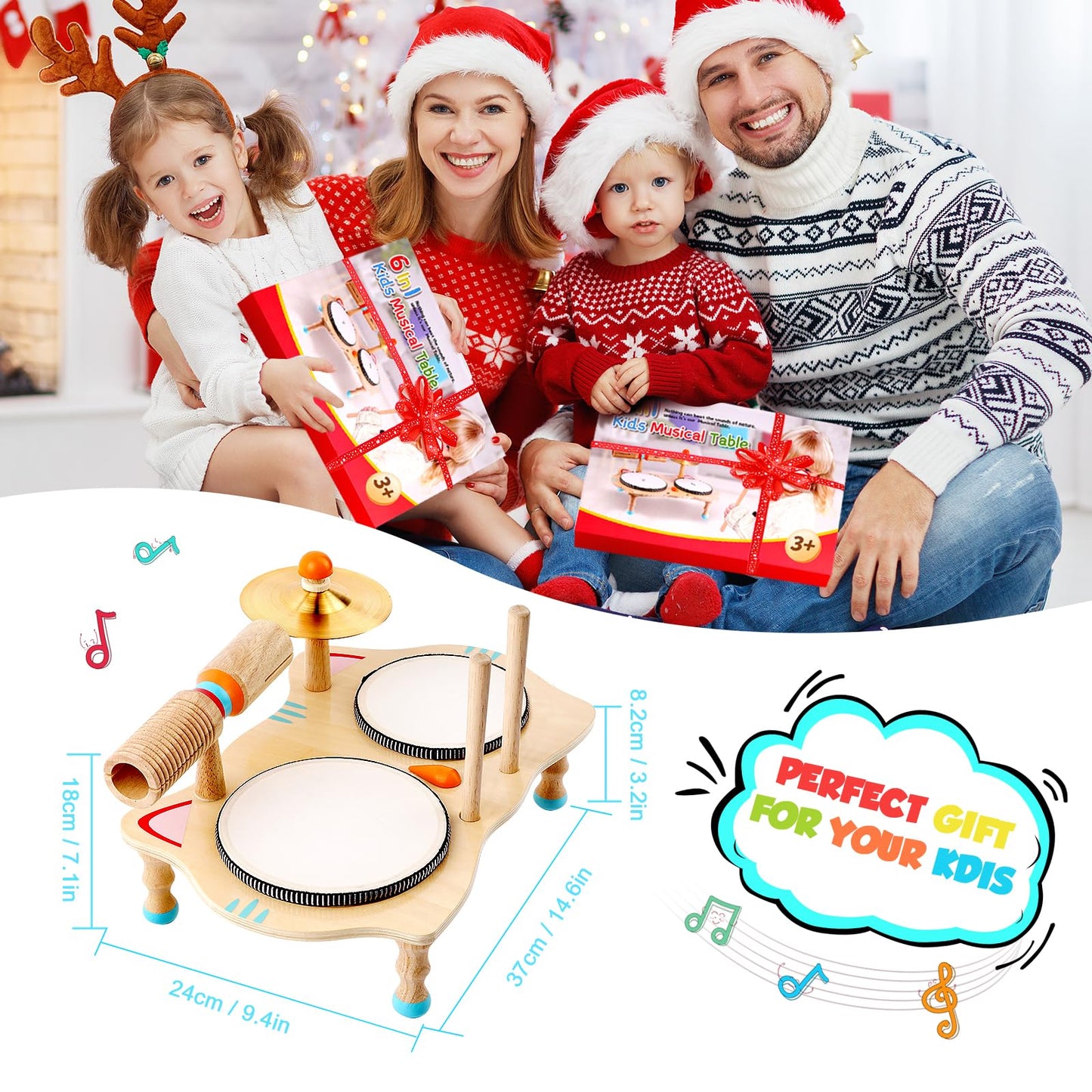 WINGYZ Kids Drum Set – 6-in-1 Wooden Musical Instruments for Toddlers 1–3, Montessori Baby Music Set with Drums, Cymbal & Tone Block, FSC-Certified Cat Design Table for Home & Classroom Learning Gift