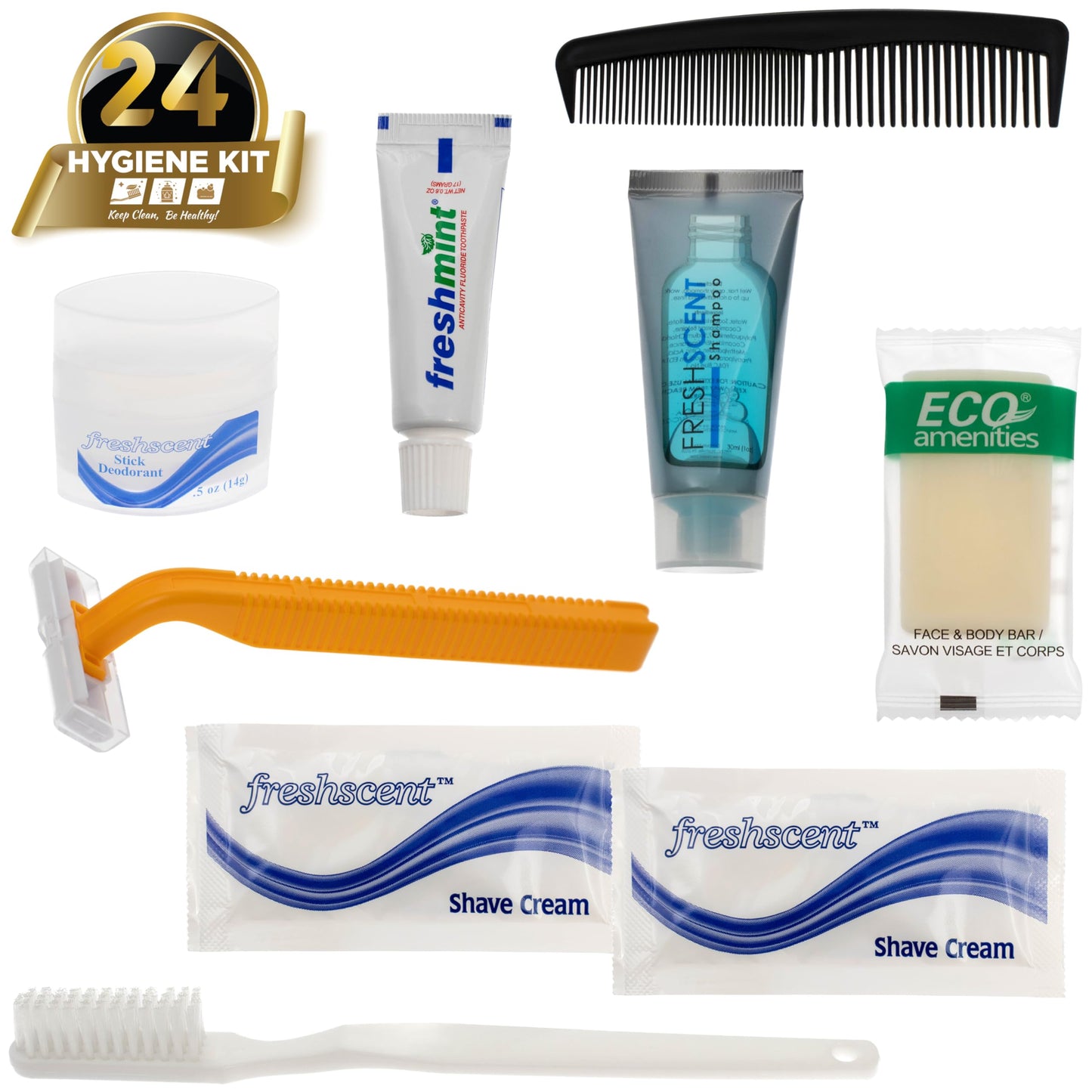Moda West 24 Kits - Bulk Case of Wholesale Deluxe Toiletries Bathroom Essentials Men, Women, Travel, Charity, Homeless Shelters - 9 Piece Kit, Travel-Ready, Donation Ready, Essential Hygiene Products