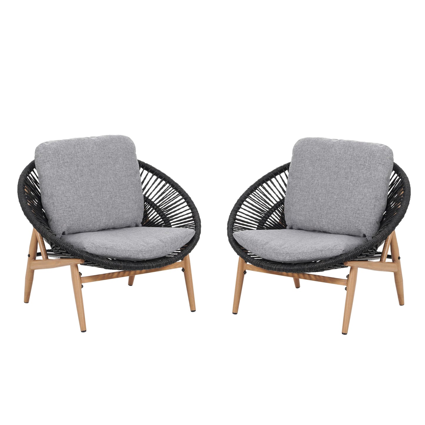 Merax Outdoor Wicker Papasan Chair Set of 2, Rattan Patio Papasan Egg Lounge Chair with Cozy Cushion, Low Seat Round Chair for Backyard Balcony Garden Poolside, All-Weather, Easy Assembly, Grey