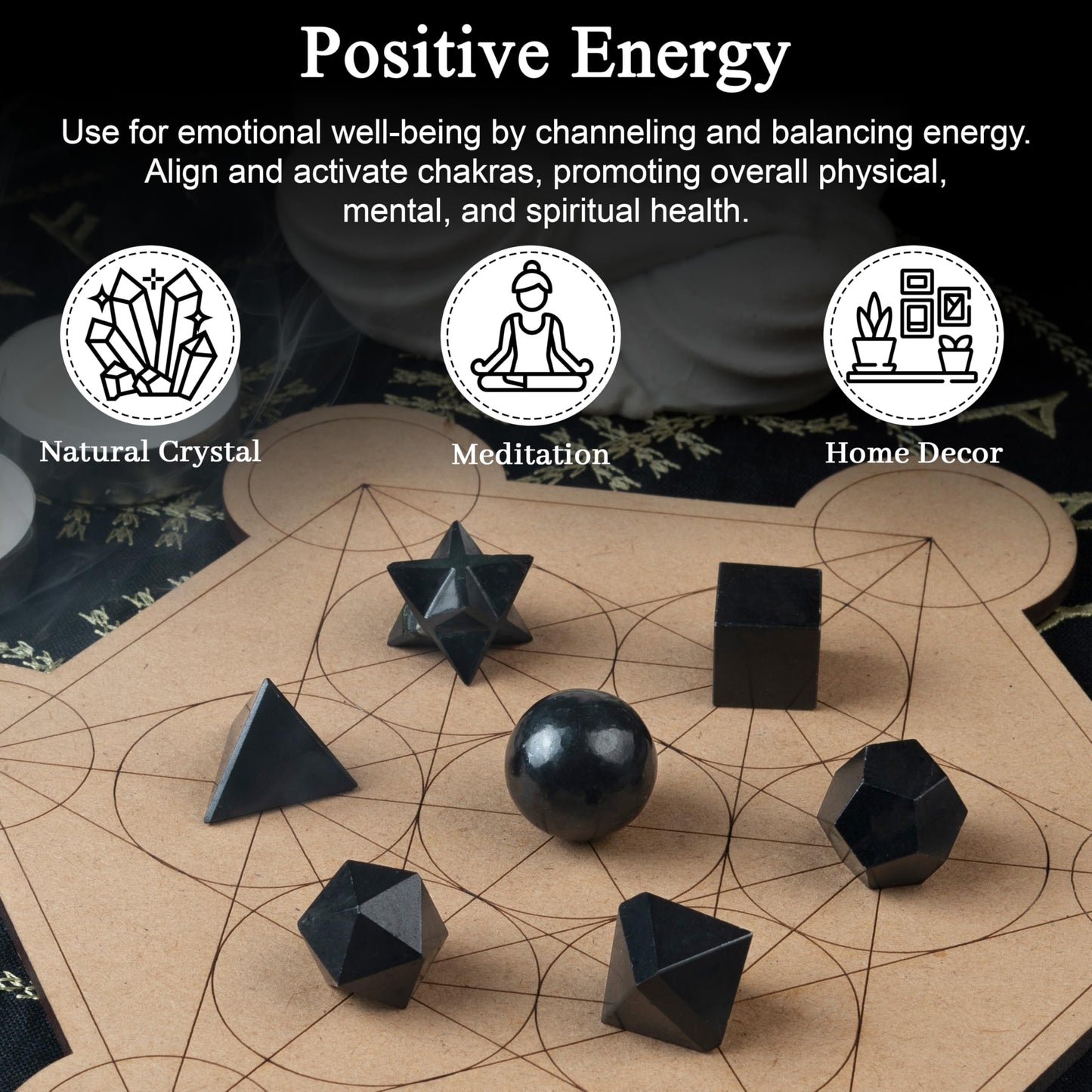 Crocon Black Tourmaline 7Pcs Platonic Solids Crystal Geometry Set, Platonic Solids Sacred Geometric Stones for Meditation Reiki Balancing Healing Chakra Stone Cleansing Spiritual Good Luck (15-20 mm)